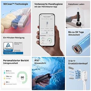 Зубная щетка электрическая MOVA Fresh Pro 3DClean™ для взрослых, звуковая, 2 насадки, дорожный чехол, сменная насадка 3-в-1 с держателем, работа от аккумулятора 30 дней, черная synthetic.ua - Фото 1