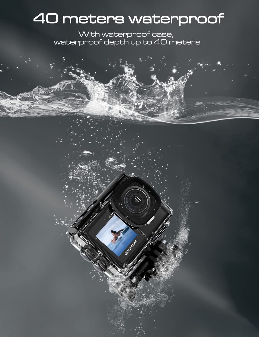 Камера GOOKAM GO9 4K 60fps 24MP WiFi Экшн-камера с двойным экраном сенсорный 40M подводная камера Ледовые спортивные камеры 2.4G Пульт дистанционного управления Шлемная камера 170° Широкий угол с 2 х 1350 мАч аккумуляторами, фото №5