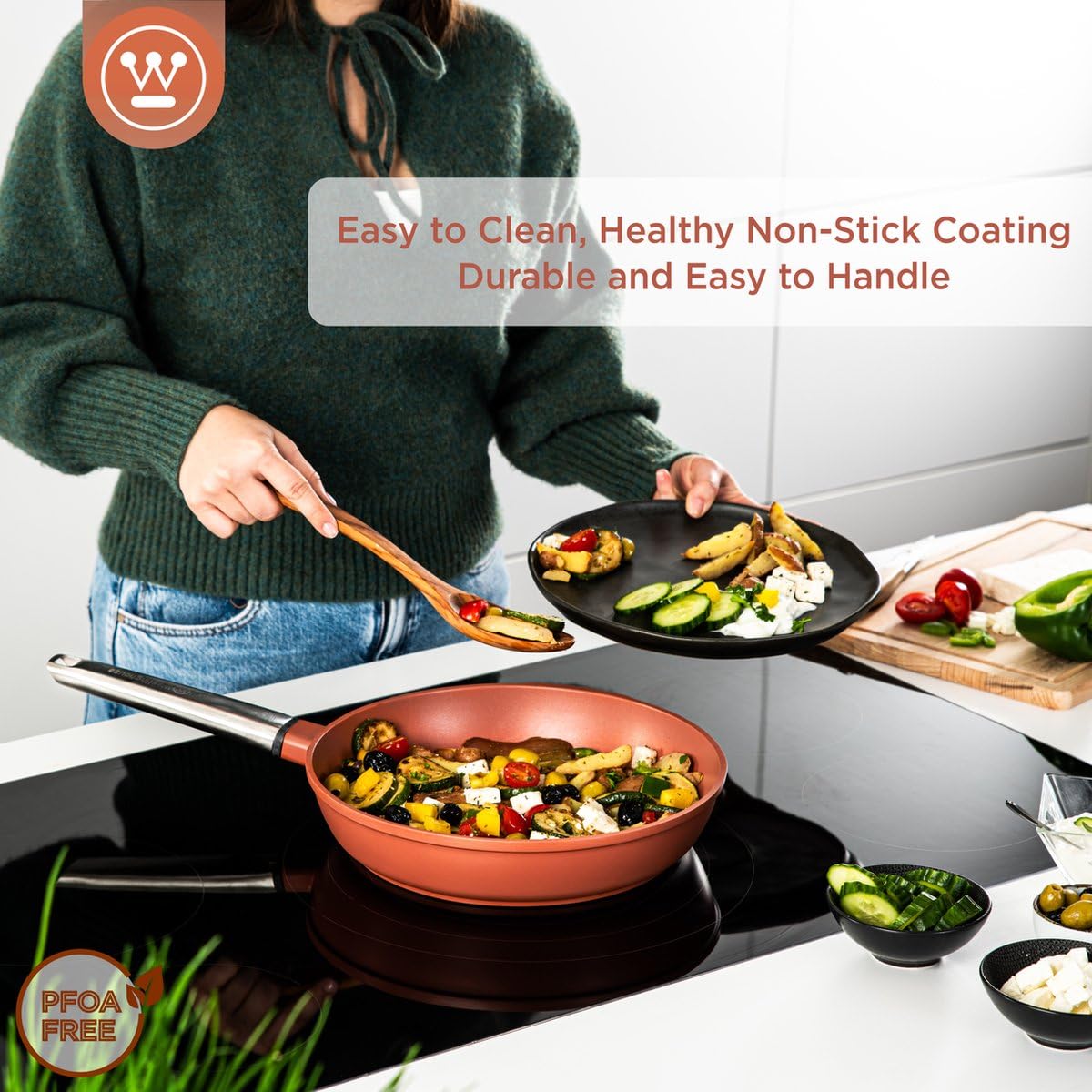 Сковорідка Westinghouse Performance Series 24 см Індукційна Антипригарна з Ручкою з Нержавіючої Сталі Червона Коричнева, фото №6