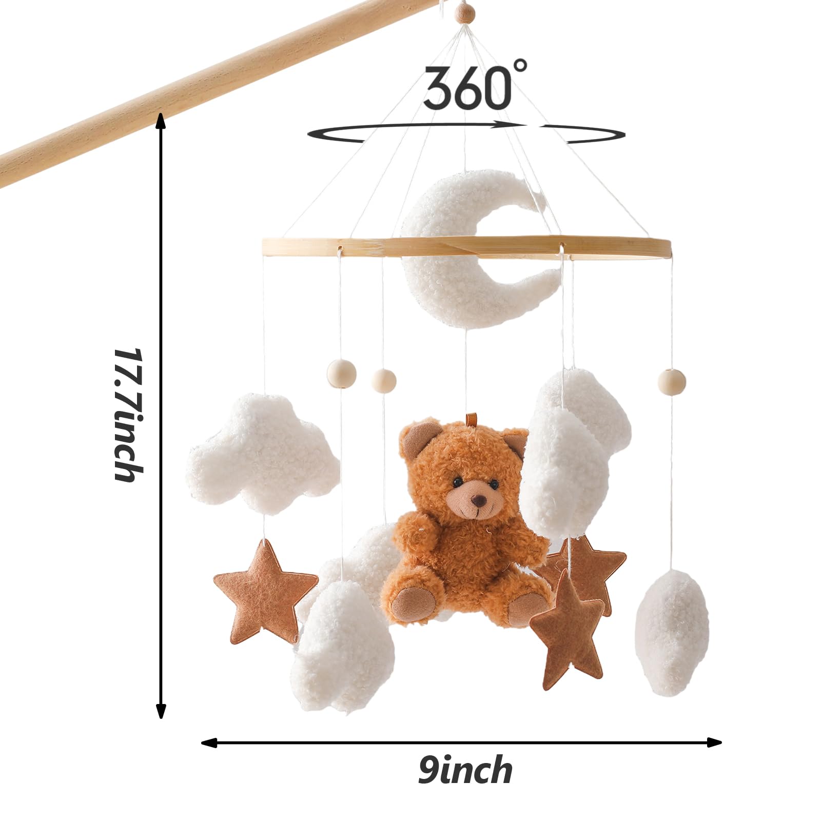 Мобіль Baby Bed Bell з ведмежам дерев'яний для дівчаток вішаний мобіль Вітрозвучка для дитячого ліжечка (коричневий), фото №3
