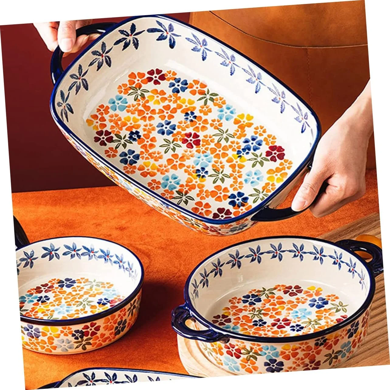 Форма для запекания керамическая прямоугольная с двойными ручками термостойкая для духовки и микроволновой печи, фото №5 Форма для запекания керамическая прямоугольная с двойными ручками термостойкая для духовки и микроволновой печи, фото №5