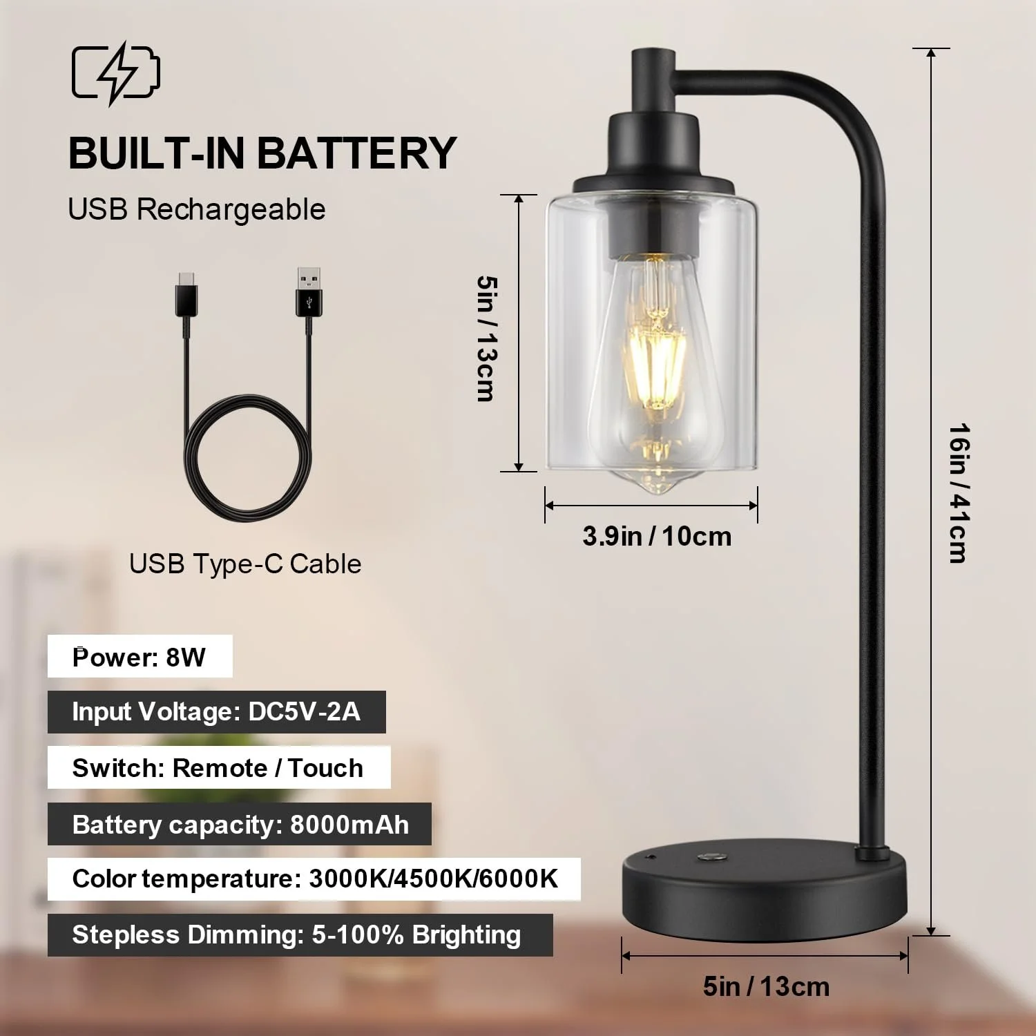 Настільна лампа Linkenail 2 шт. 8000 mAh USB з пультом Чорний, фото №5