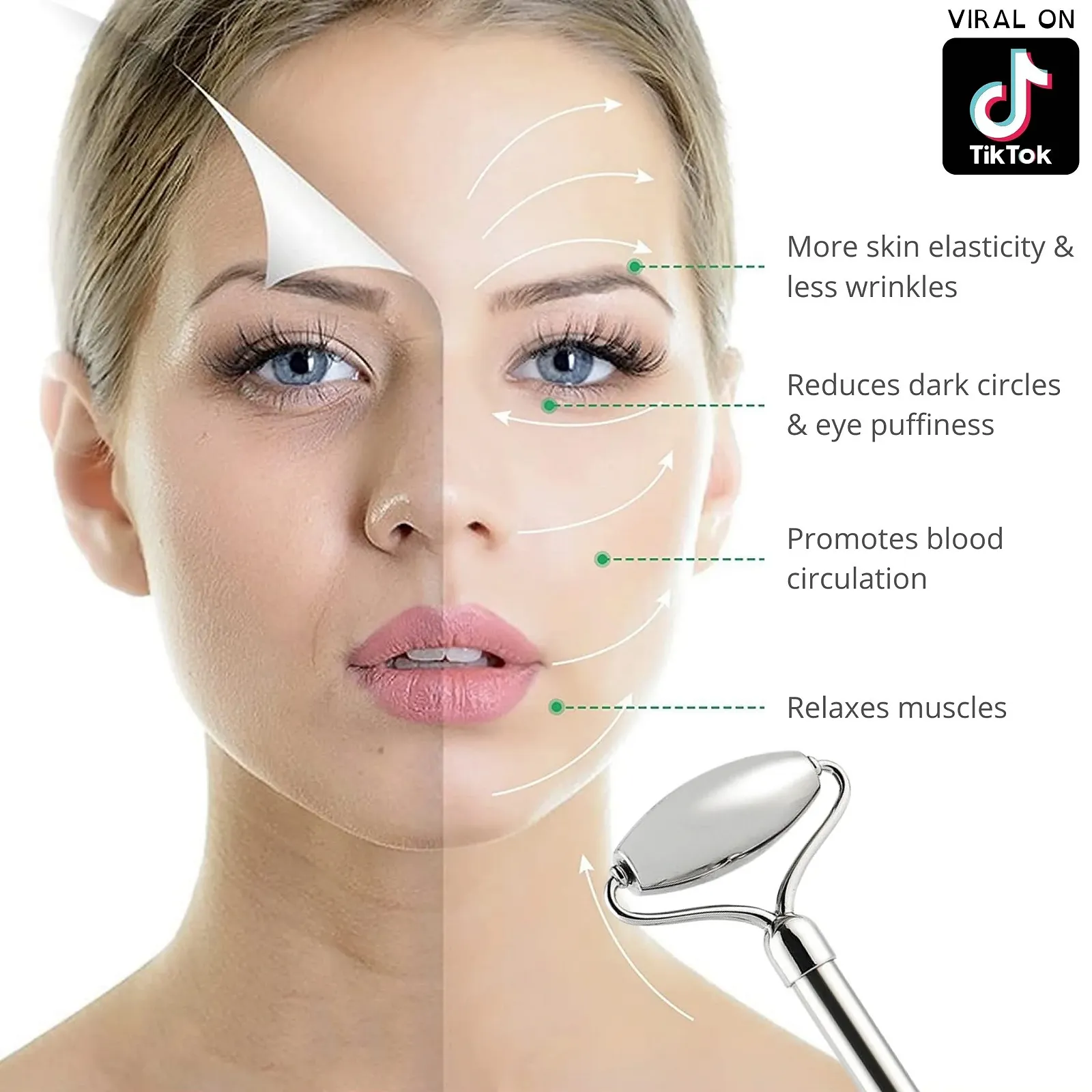 Набір Gua Sha + Масажний ролик для обличчя з нержавіючої сталі 304 і металевий камінь, фото №4