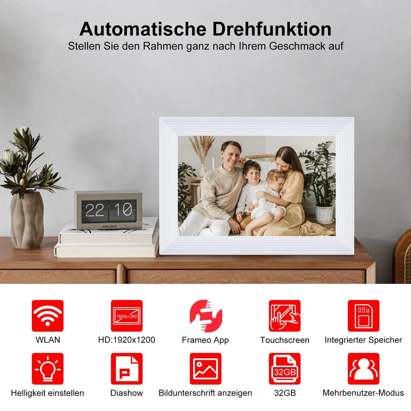 Цифровая фоторамка Frameo 10.1 дюйма HD IPS Touchscreen WiFi 32 GB Белая, фото №4