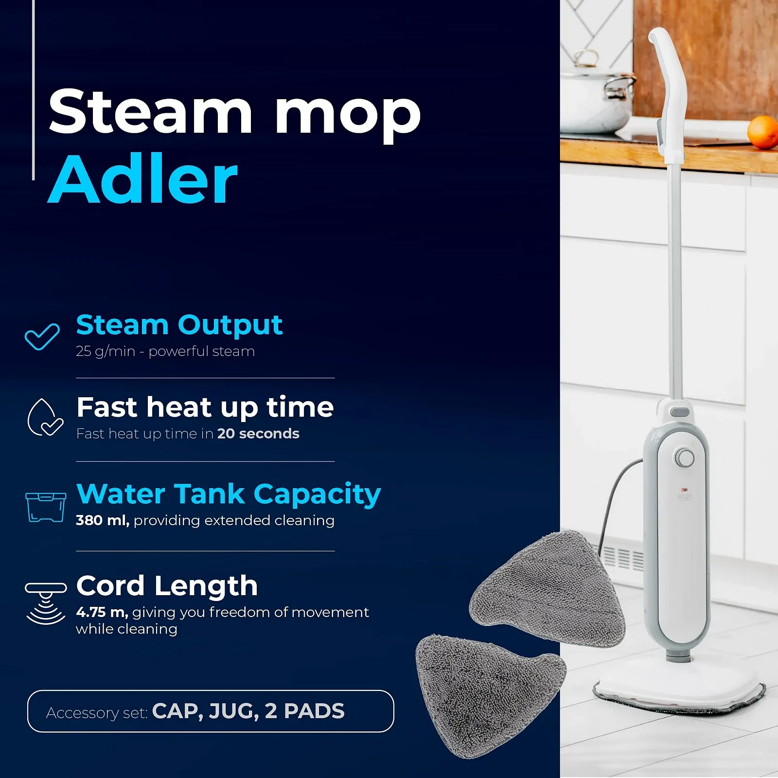 Парова швабра ADLER AD 7057 1300 W Біла, фото №9