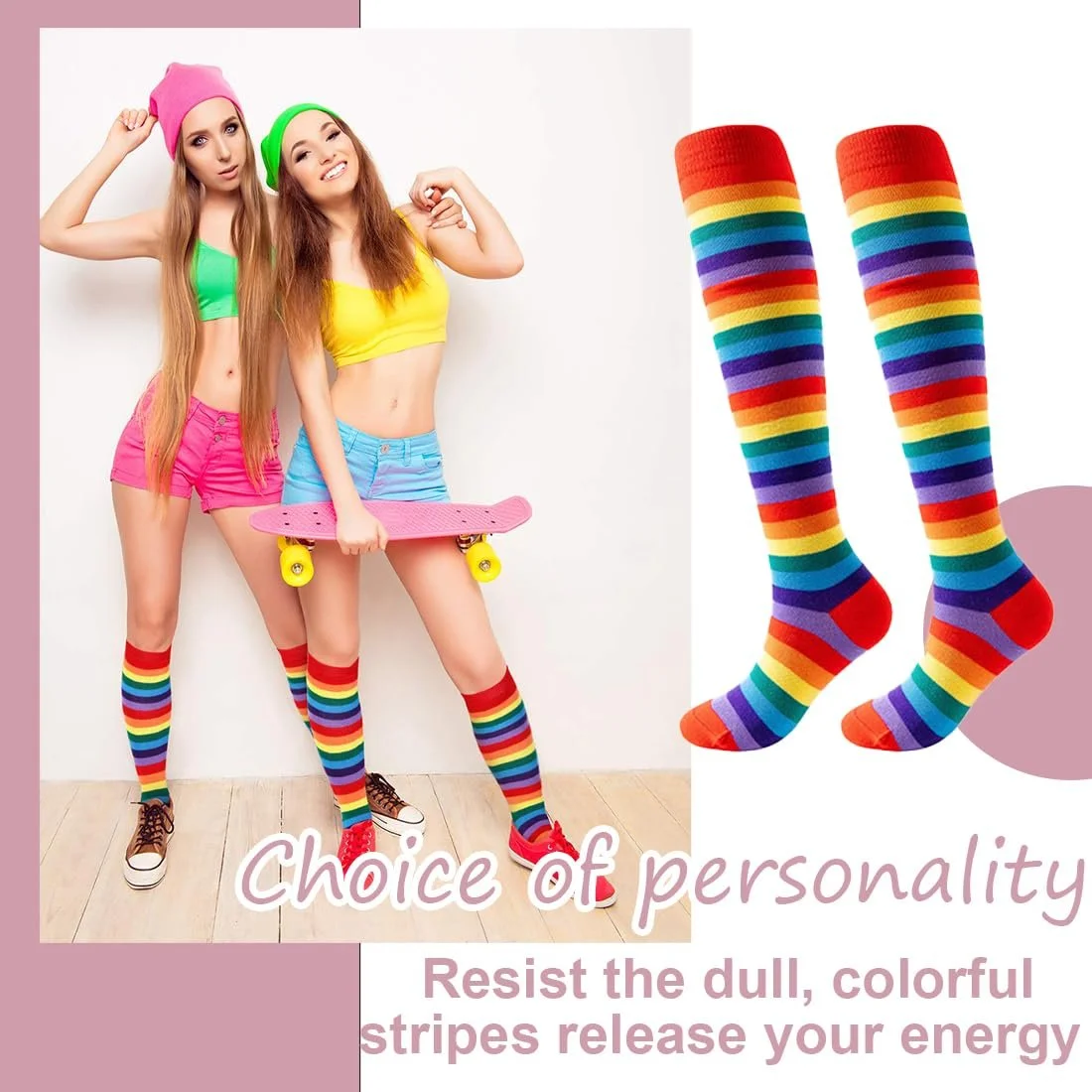 Шкарпетки Жіночі в райдужну смужку, гольфи до колін, фото №2 Шкарпетки Жіночі в райдужну смужку, гольфи до колін, фото №2