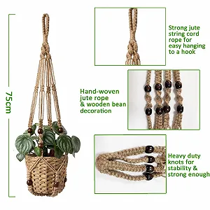 Кашпо подвесное Apstaqeoo из джутовой веревки с деревянными бусинами и S-образным крючком synthetic.ua - Фото 1