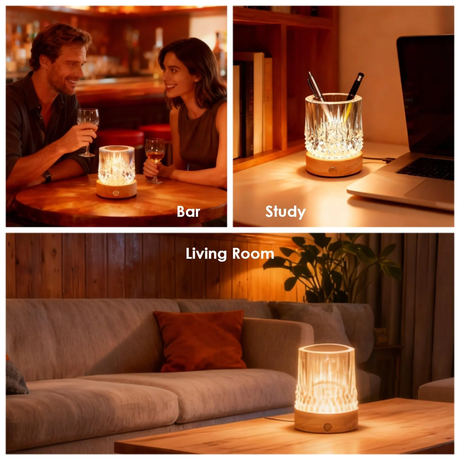 Настільна лампа YumeGlint Small Creative Crystal кришталева з RGB нічником дерев'яна основа сенсорне керування акумуляторна, фото №4