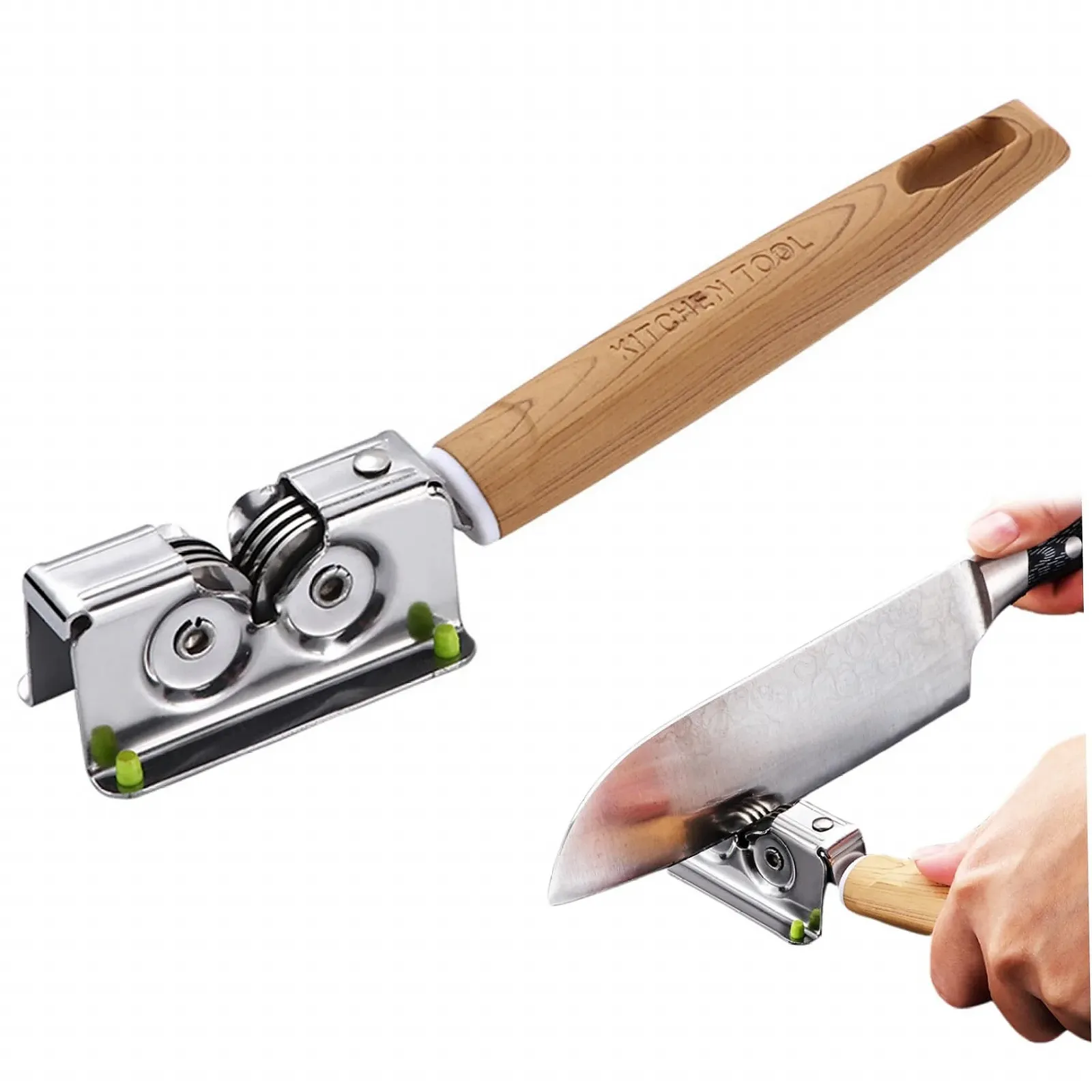 Точилка для ножів ручна 7.7 дюймів нержавіюча сталь роликова з отвором для підвішування та ручкою з деревним візерунком, фото №1