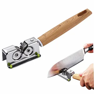 Точилка для ножів ручна 7.7 дюймів нержавіюча сталь роликова з отвором для підвішування та ручкою з деревним візерунком - Фото 1