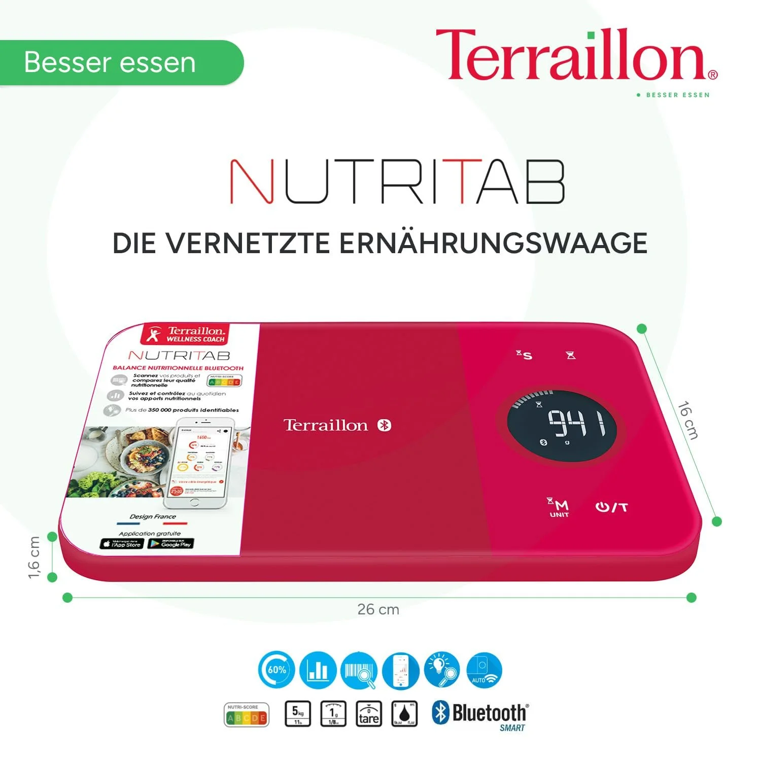 Кухонні ваги Terraillon NutriTab 5 kg Bluetooth Smart Журавлинний червоний, фото №8 Кухонні ваги Terraillon NutriTab 5 kg Bluetooth Smart Журавлинний червоний, фото №8