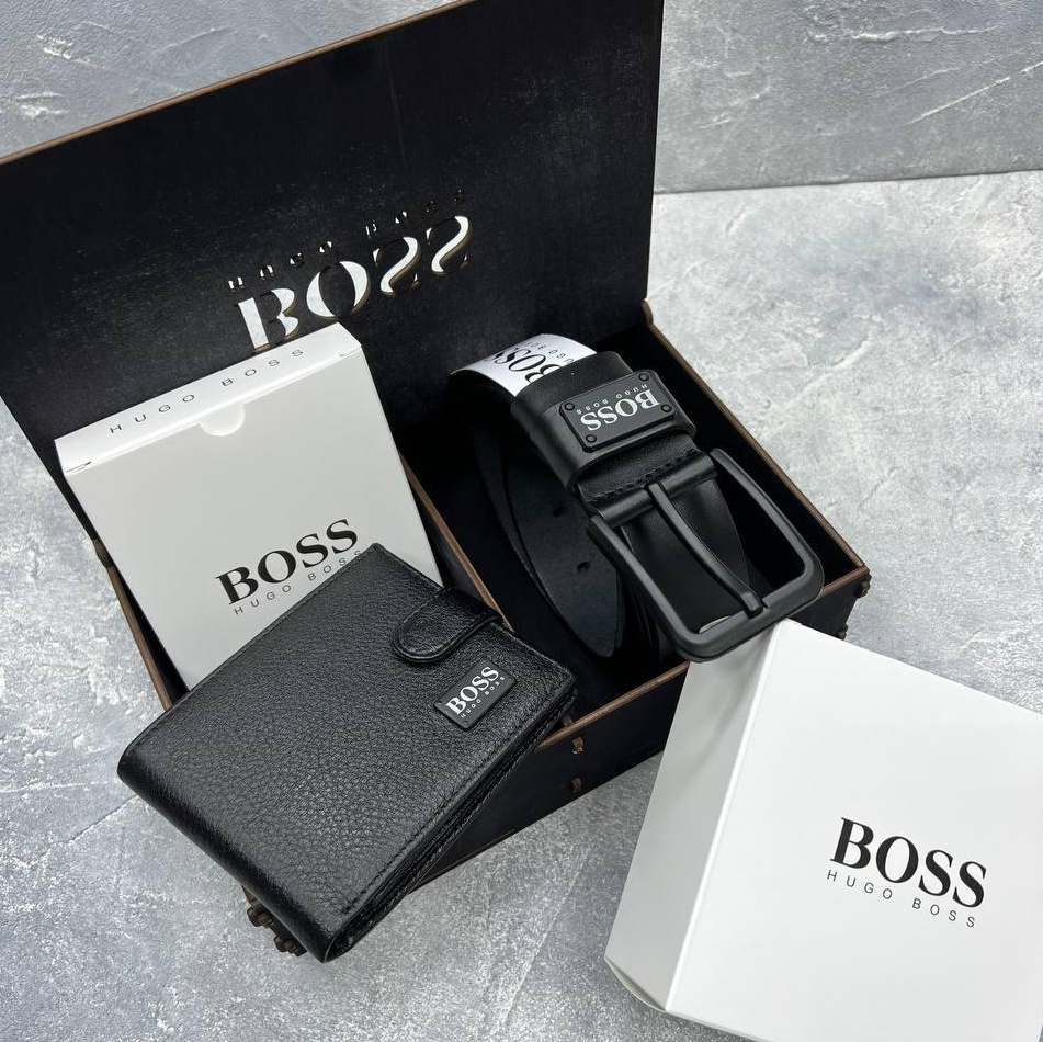 Мужской ремень с черной пряжкой и кошелёк с застежкой в коробке BOSS, фото №1