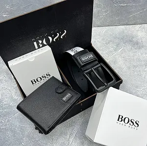 Мужской ремень с черной пряжкой и кошелёк с застежкой в коробке BOSS - Фото 1