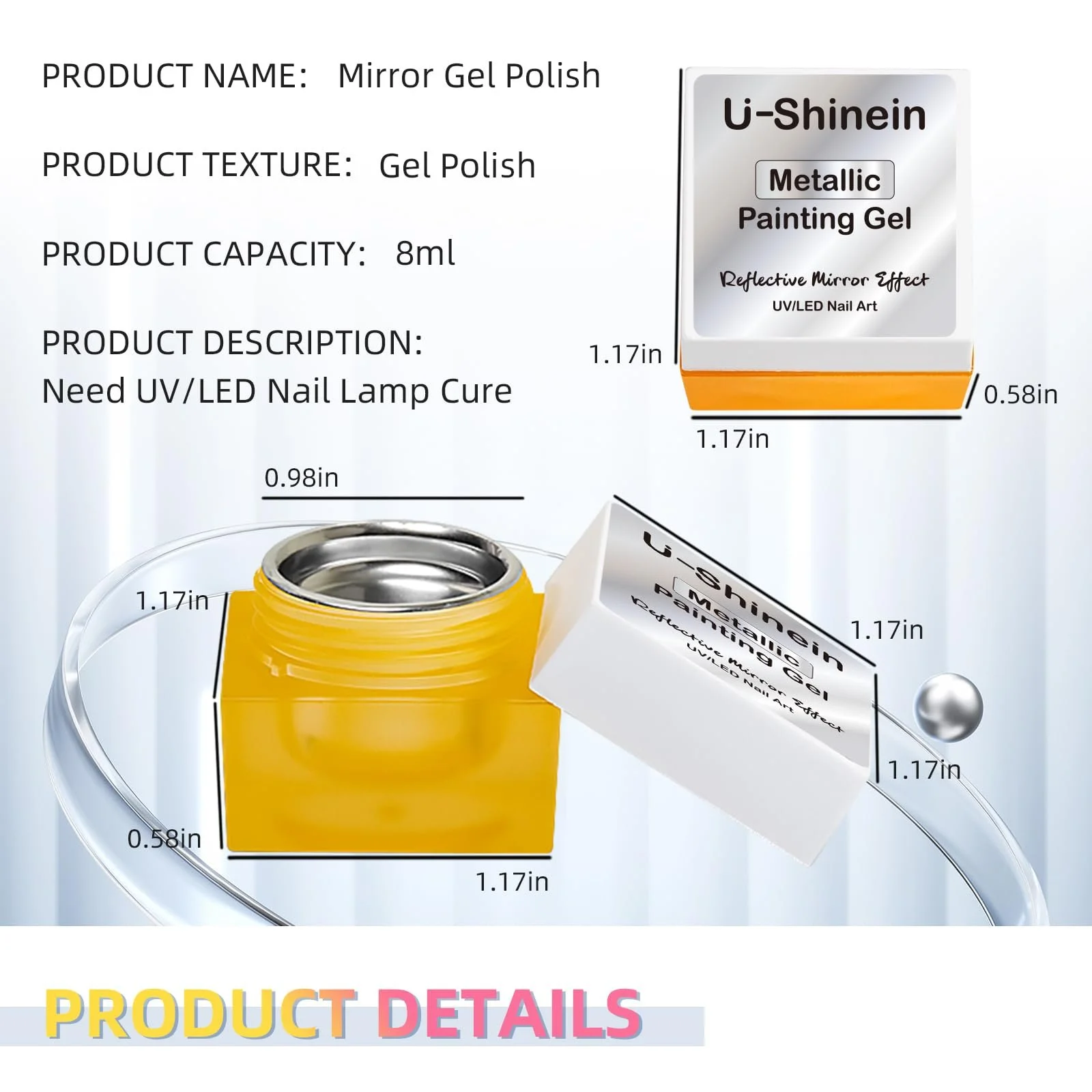 Гель-лак U-Shinein Метал 3D Серебряный, 2 x 8 мл, фото №7