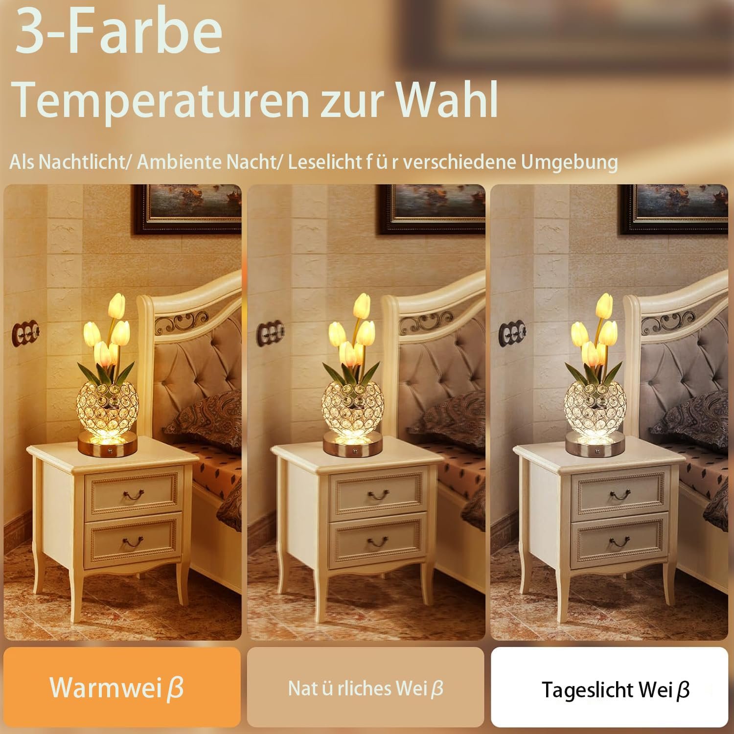 Настільна лампа приліжкова Crystal Flower Акумуляторна Tulip USB Рожева, фото №4