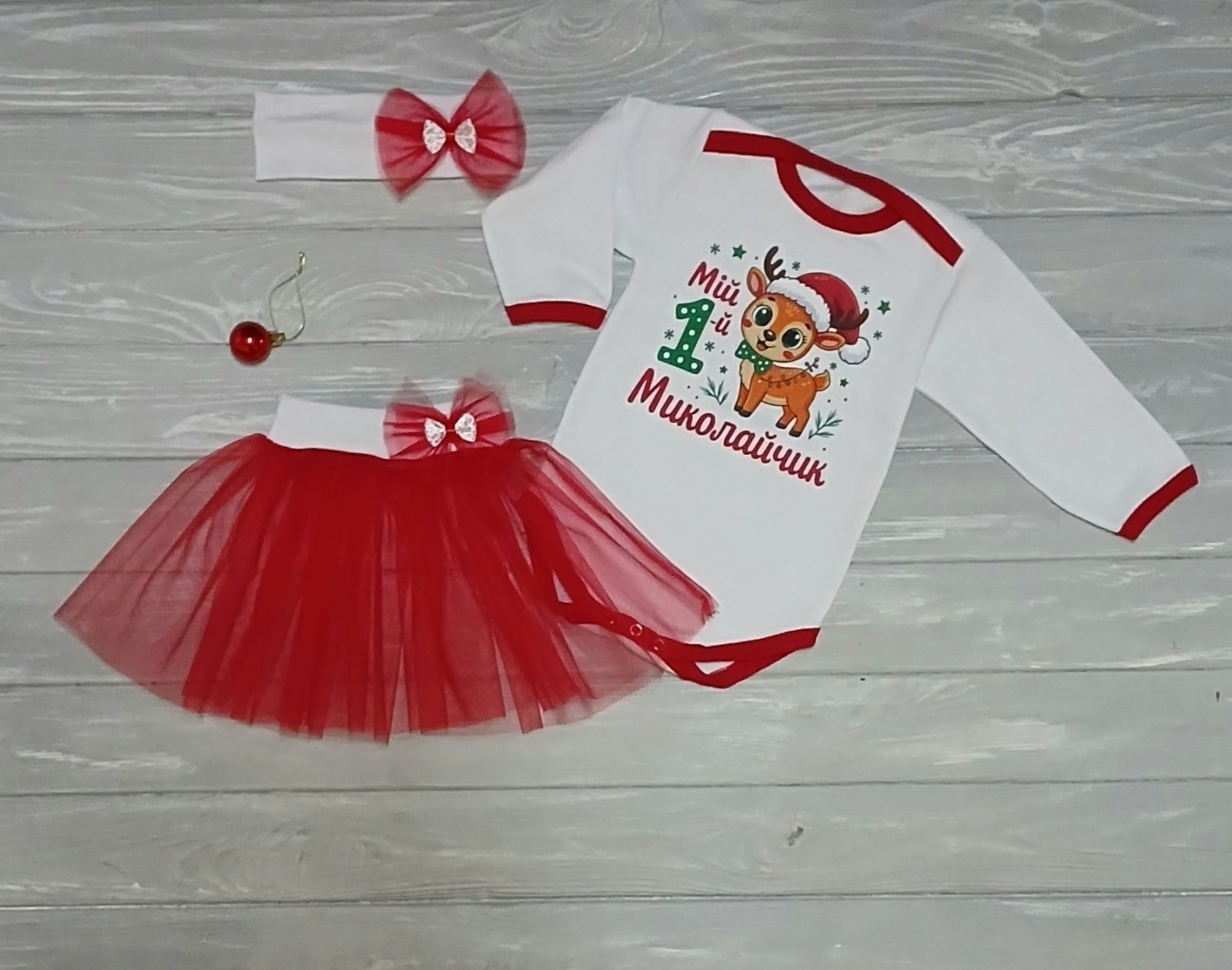 Праздничный набор для девочек «Мой первый Миколайчик» от 68 до 86 см: новогодний костюм боди, спидница из фатина и повязка., фото №3