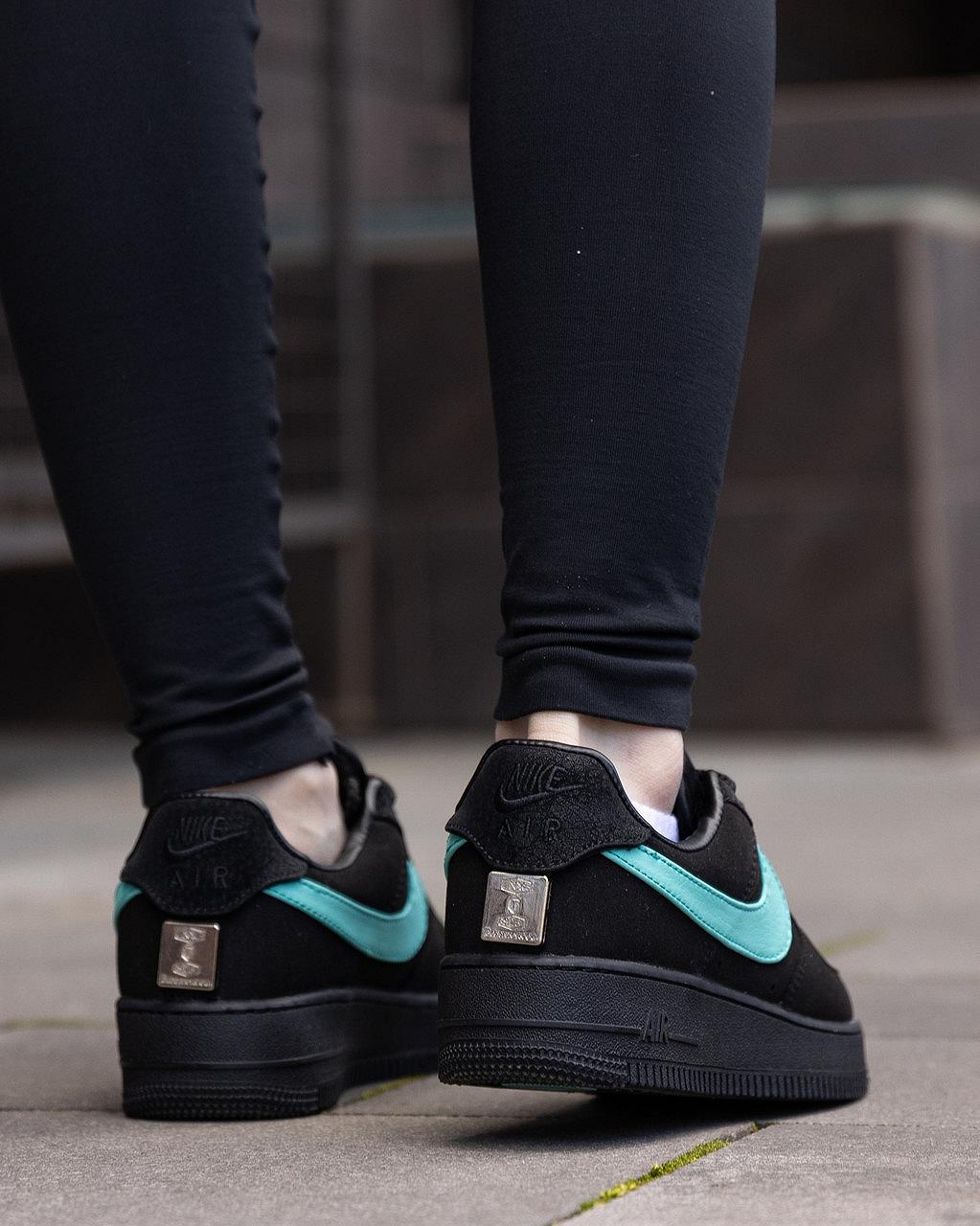 Кроссовки женские черные Nike Air Force 1 Low Tiffany х Co стильные летние кросы из кожи найк обувь на лето, фото №9