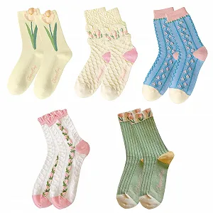 Носки KEYRI, 5 пар, женские, хлопковые, с цветочным узором, винтажные, носки-следки, теплые, повседневные, милые, с рюшами, вышитые - Фото 1