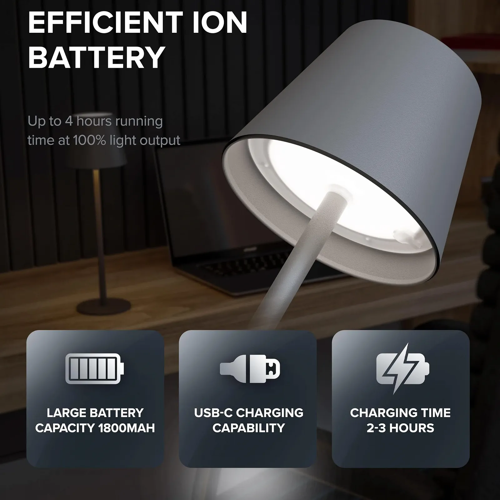 Настільна лампа Syrma Акумуляторна LED Алюмінієва Dimmable USB-C Антрацит, фото №5