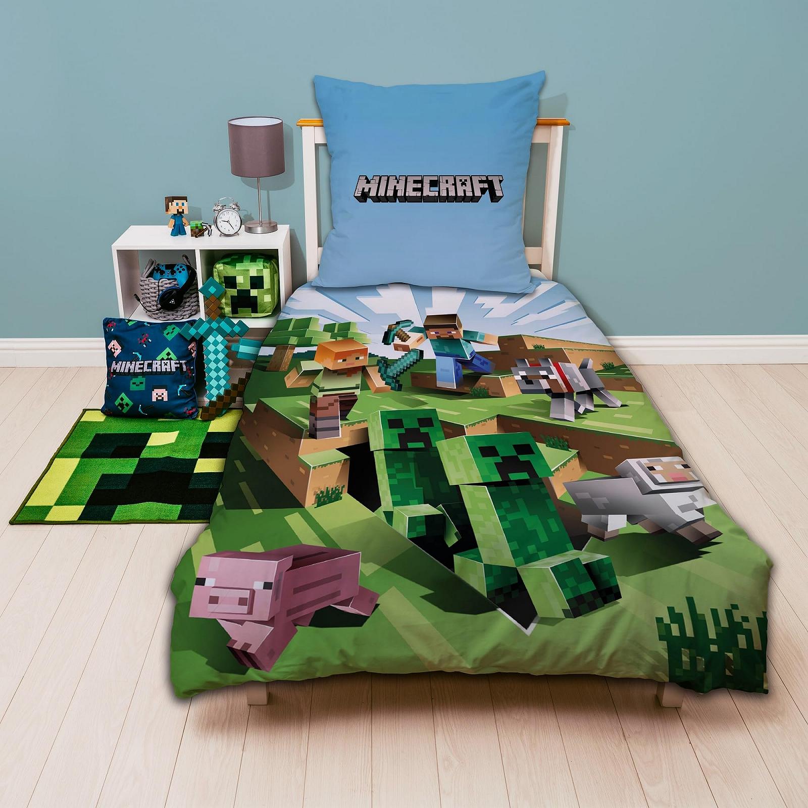 Комплект постільної білизни Minecraft 135 x 200 cm, 80 x 80 cm, бавовна, двосторонній, зелений Craft Blocks TNT і Pickaxe Battle, фото №1