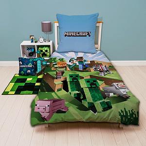 Комплект постільної білизни Minecraft 135 x 200 cm, 80 x 80 cm, бавовна, двосторонній, зелений Craft Blocks TNT і Pickaxe Battle - Фото 1