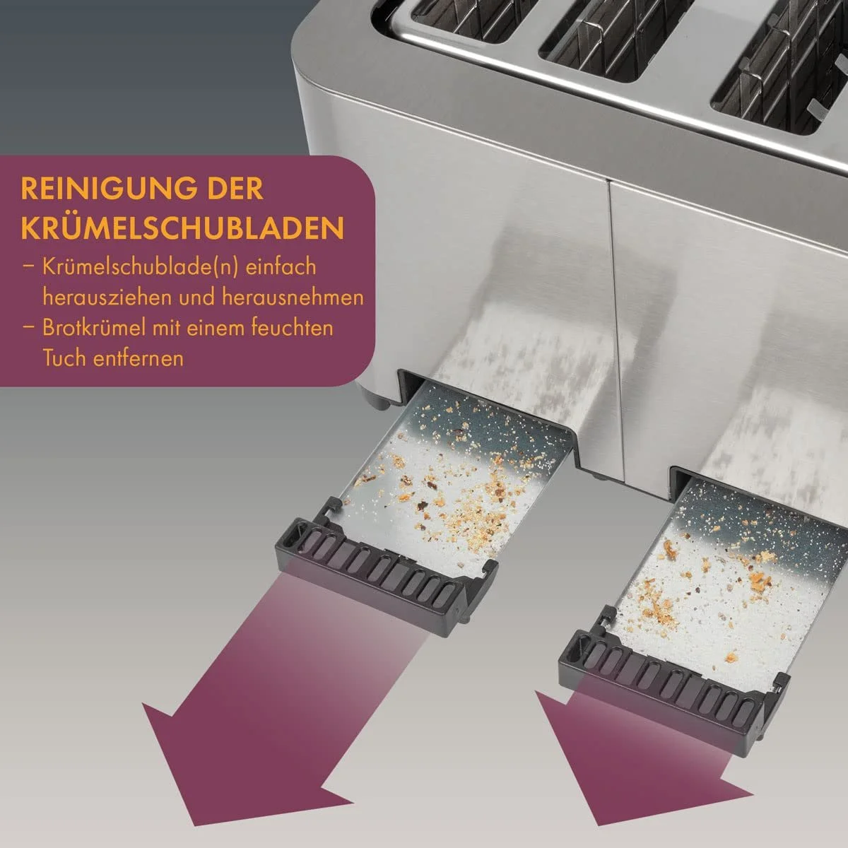 Тостер ProfiCook PC-TA 1252, 4 скибочки, нержавіюча сталь, 1500 Вт, широкий слот, насадка для булочок, 7 рівнів підсмажування, фото №6