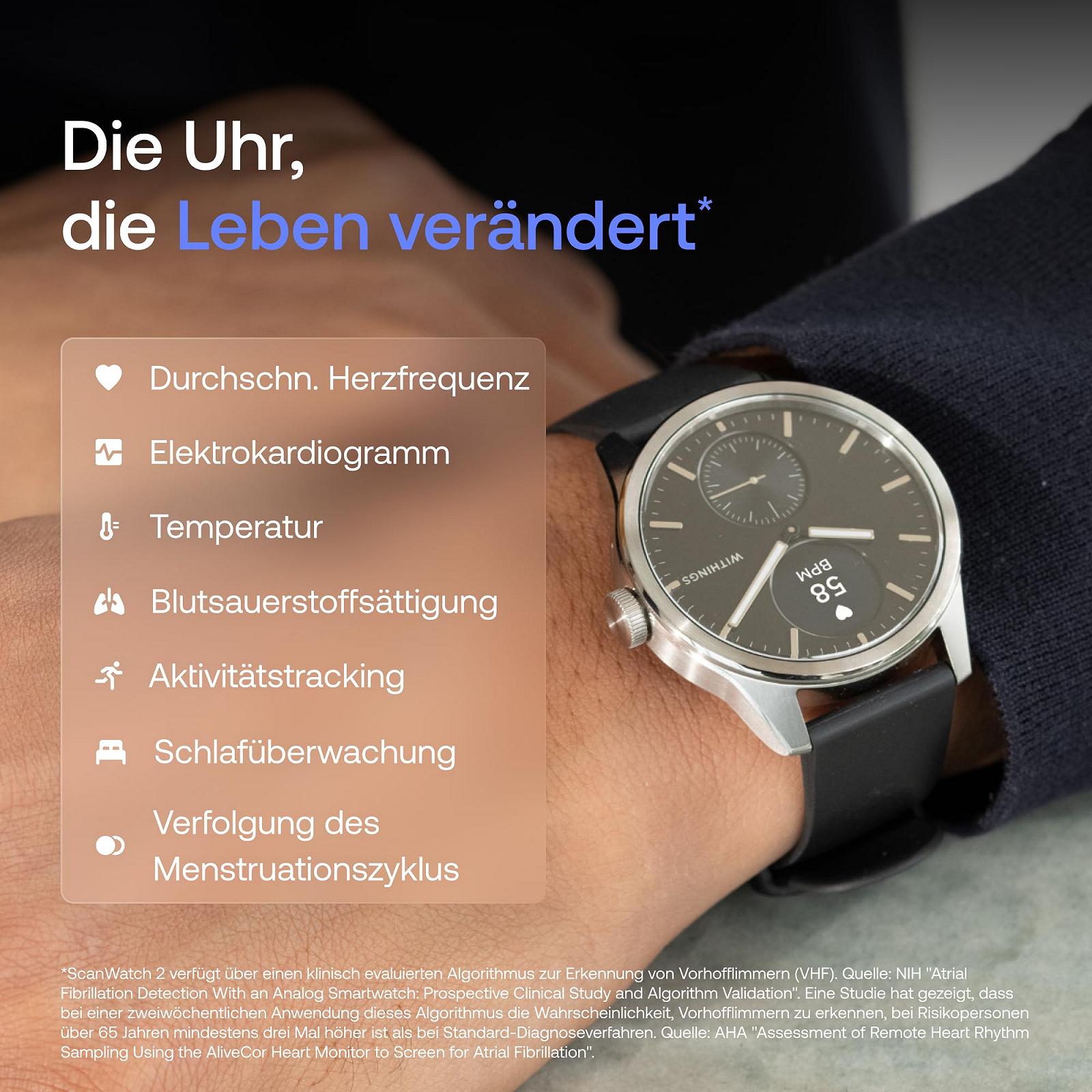 Смарт-часы Withings ScanWatch 2 ECG, SpO2, Температура, Отслеживание сна, Здоровье дыхательных путей, Активность, Калории, Водонепроницаемые, 30 дней работы от батареи, фото №2
