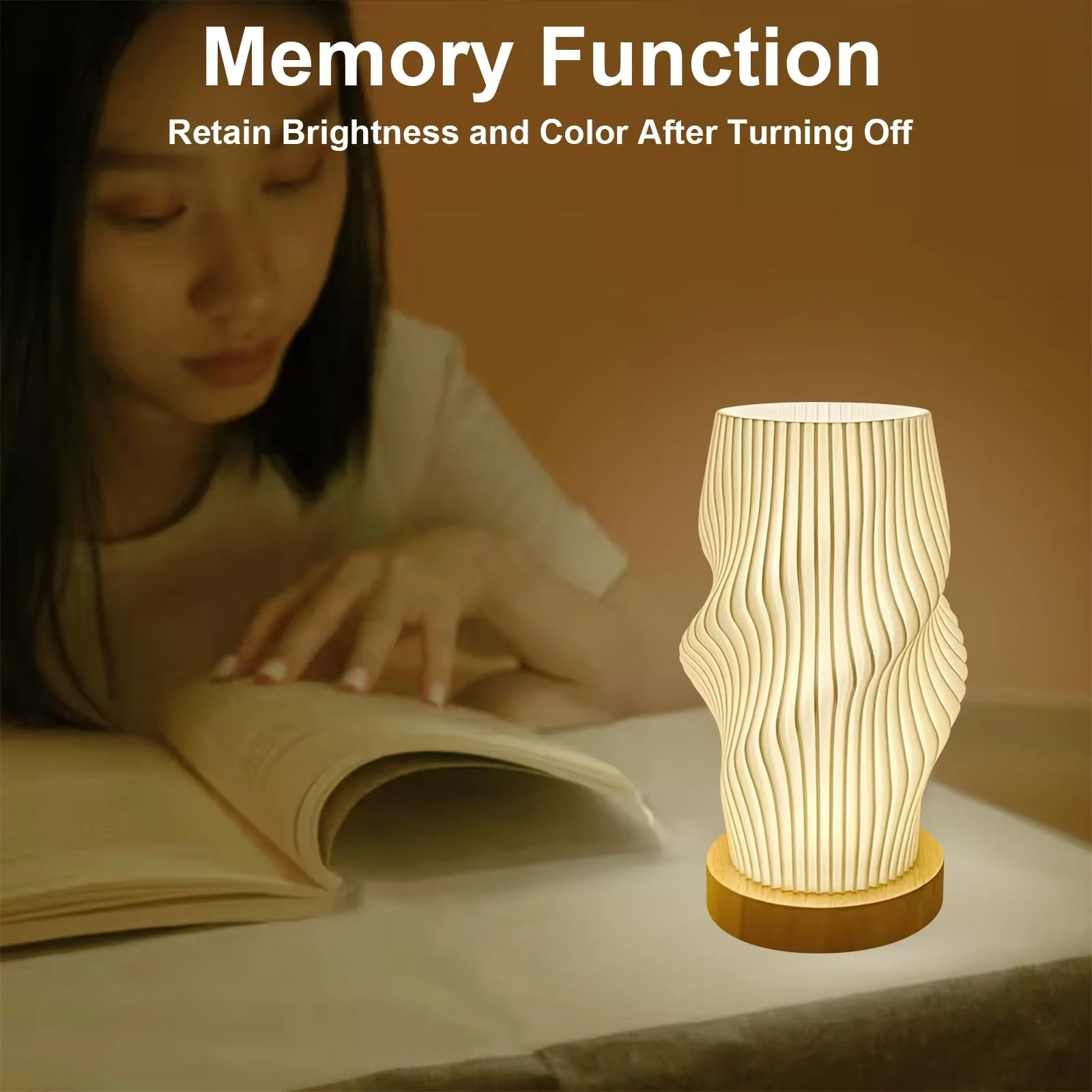 Настільна лампа з дерев'яною основою та плафоном PLA 3D-друк 10 рівнів яскравості USB, фото №4