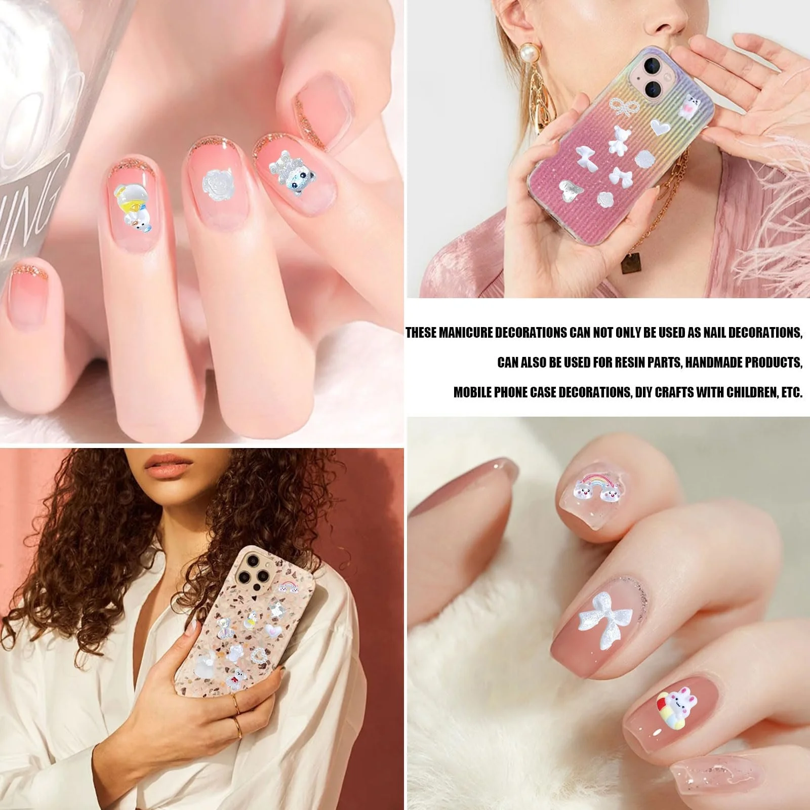 3D Подвески для ногтей 200 шт, Разные стили Бантики Сердца Камни для ногтей Милые мишки Цветы Бабочки Смола украшения для ногтей для дизайна ногтей DIY поделки, фото №4