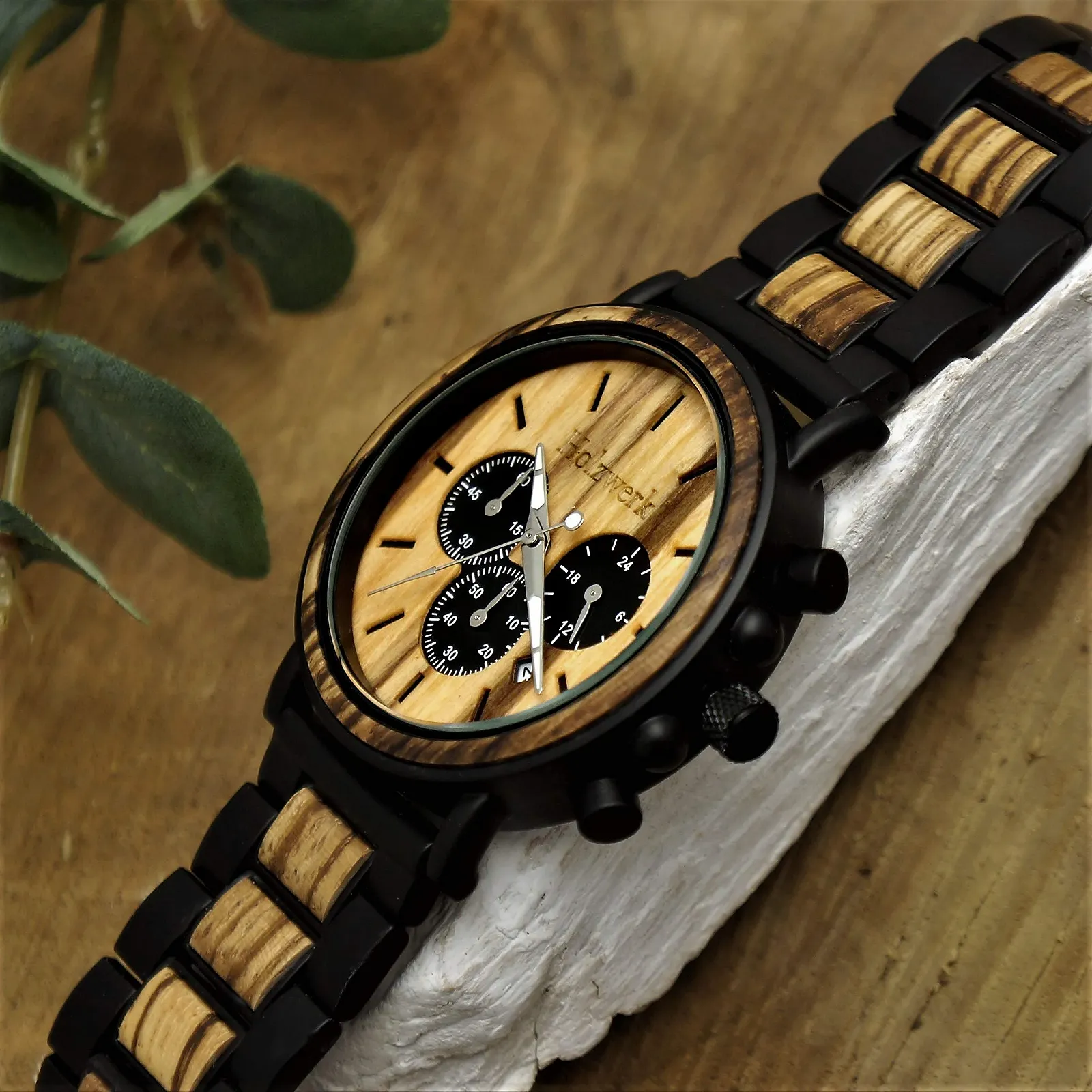 Часы Мужские Дизайнерские Holzwerk Germany Chronograph Аналоговые Кварцевые Коричневые Черные Дата Деревянный Циферблат, фото №3