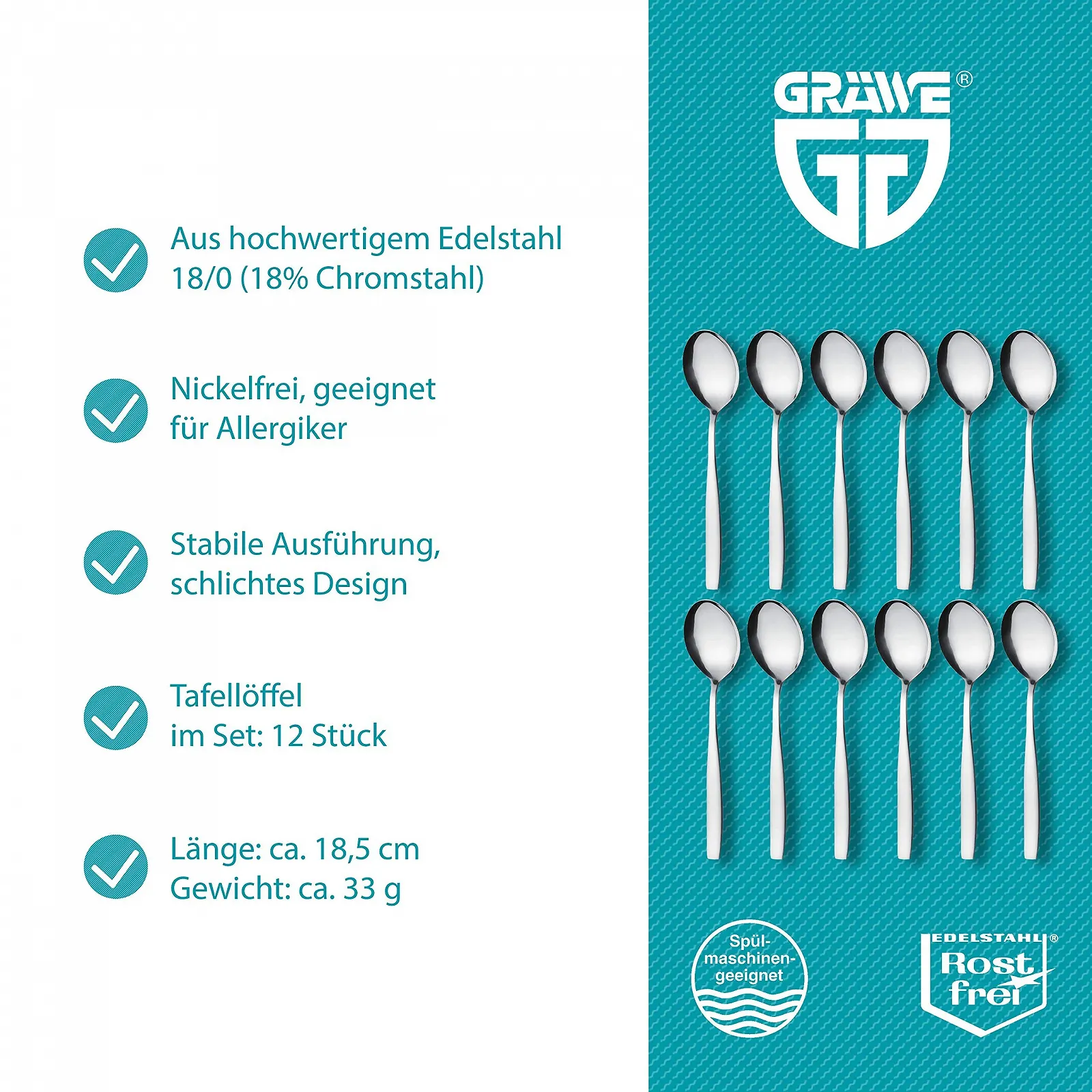 Ложки столові GRÄWE Königstein, 18.5 см, супові ложки з нержавіючої сталі, набір 12 штук, ручна поліровка, фото №2