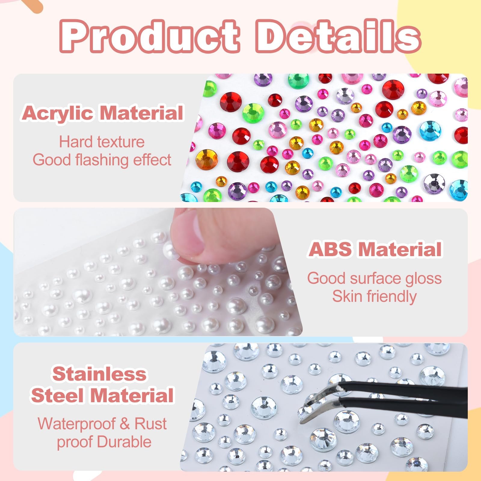 Самоклеящиеся блестящие камни 2600 штук, блестящие камни для лица 3-4-5-6 мм, полубусины со стразами с пинцетом для рукоделия, для макияжа лица, фото №3