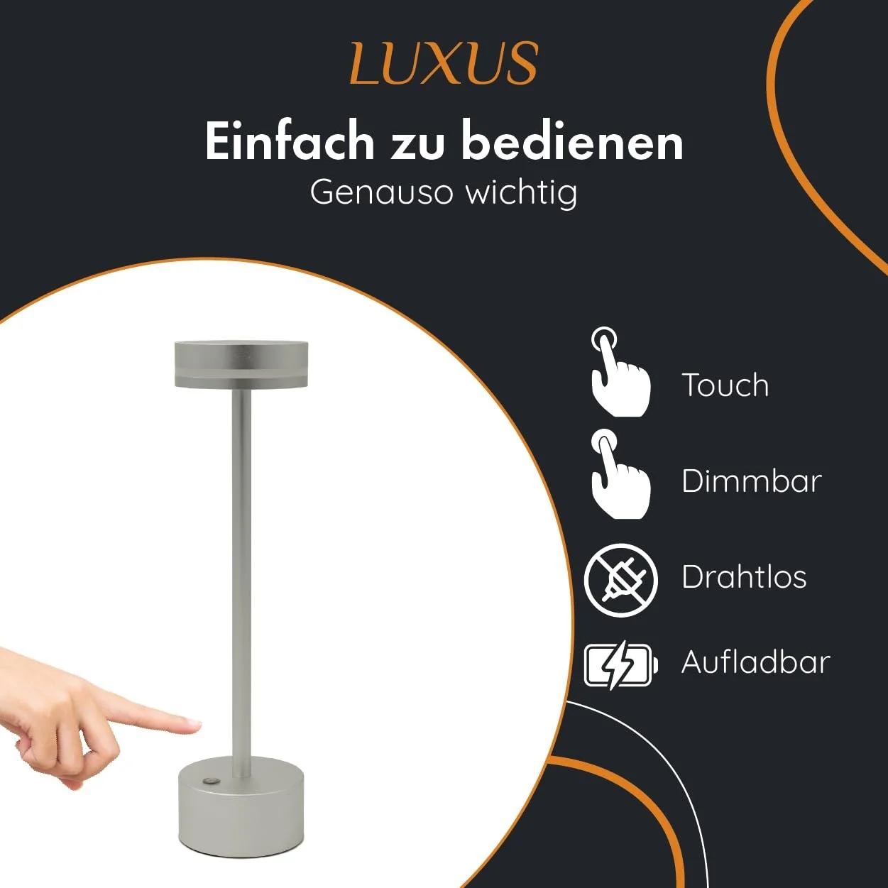 Настільна лампа Luxus Yvette Сенсорна LED акумуляторна бездротова з регулюванням яскравості для дому та вулиці Срібляста, фото №2