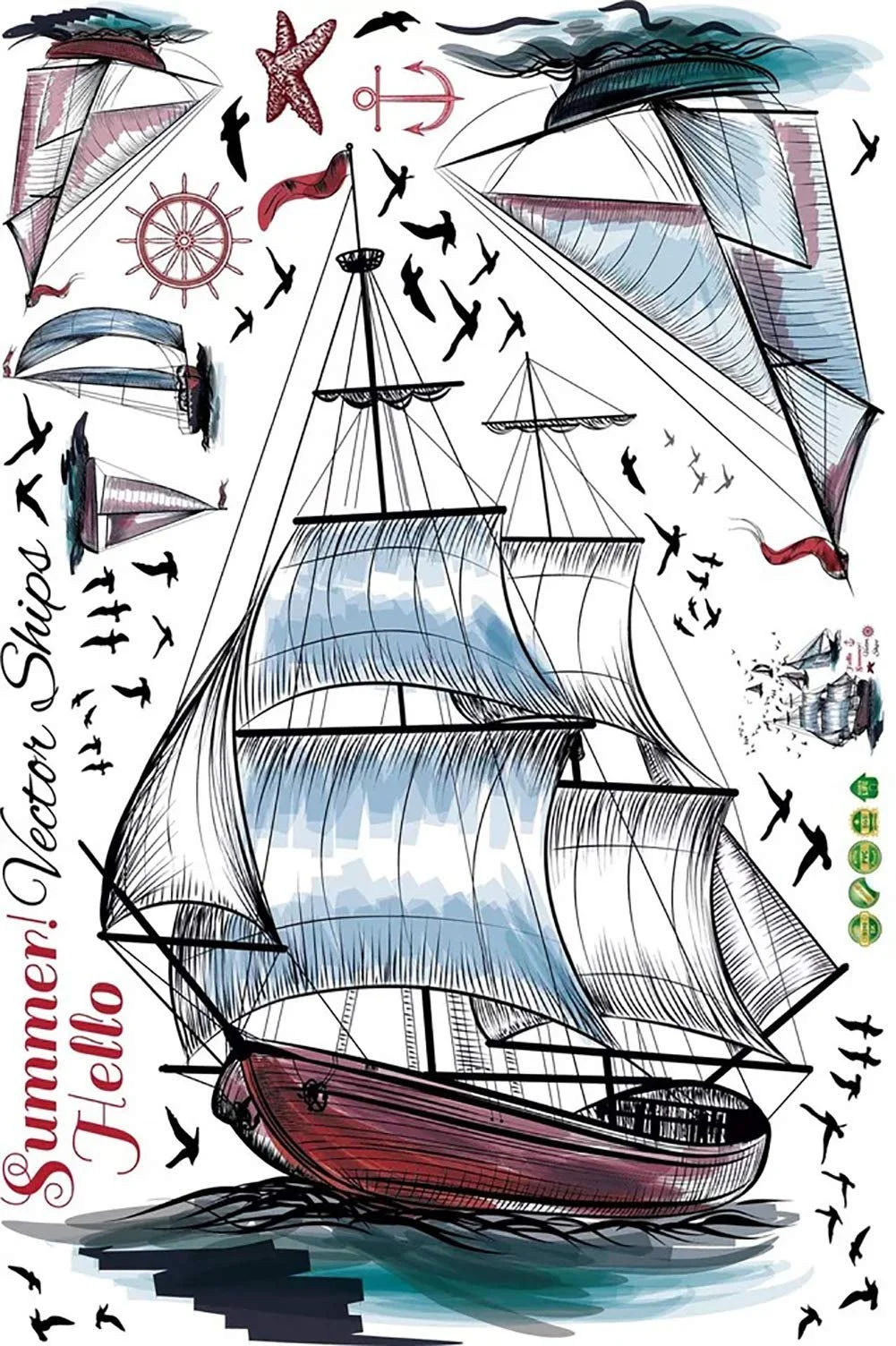 Наклейка на стіну WandSticker4U XXL Вітрильні кораблі 105 x 115 см Морська тематика Якір, фото №8