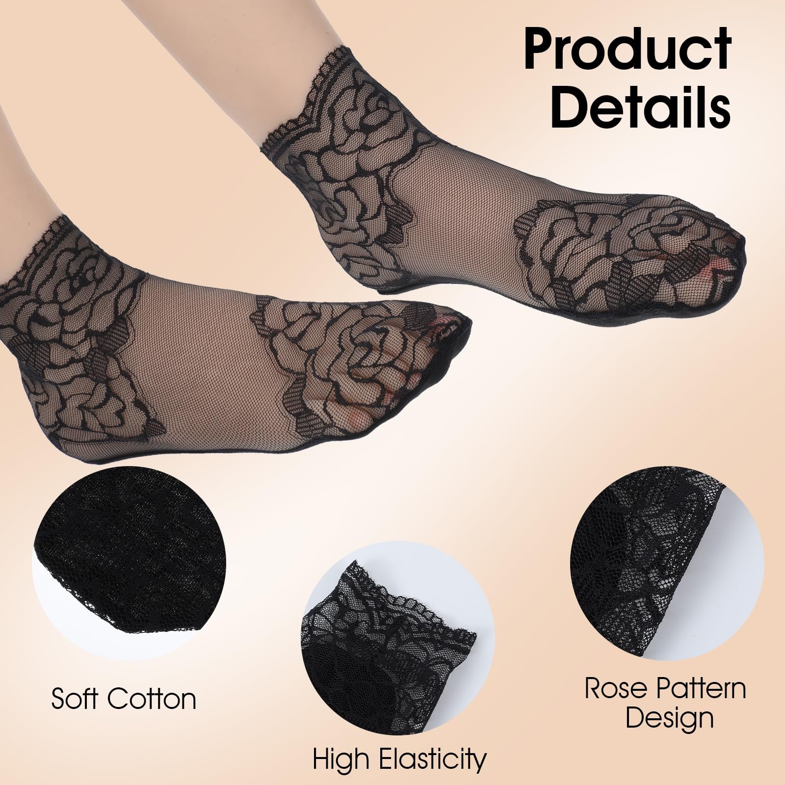 Носки Женские Кружевные Разноцветные Прозрачные Кружевные Носки из Тюля Тонкие Нейлоновые Носки Короткие Носки Сетчатые Летние Носки Белый + Серый + Розовый + Черный + Бежевый, Черный, белый, фото №3
