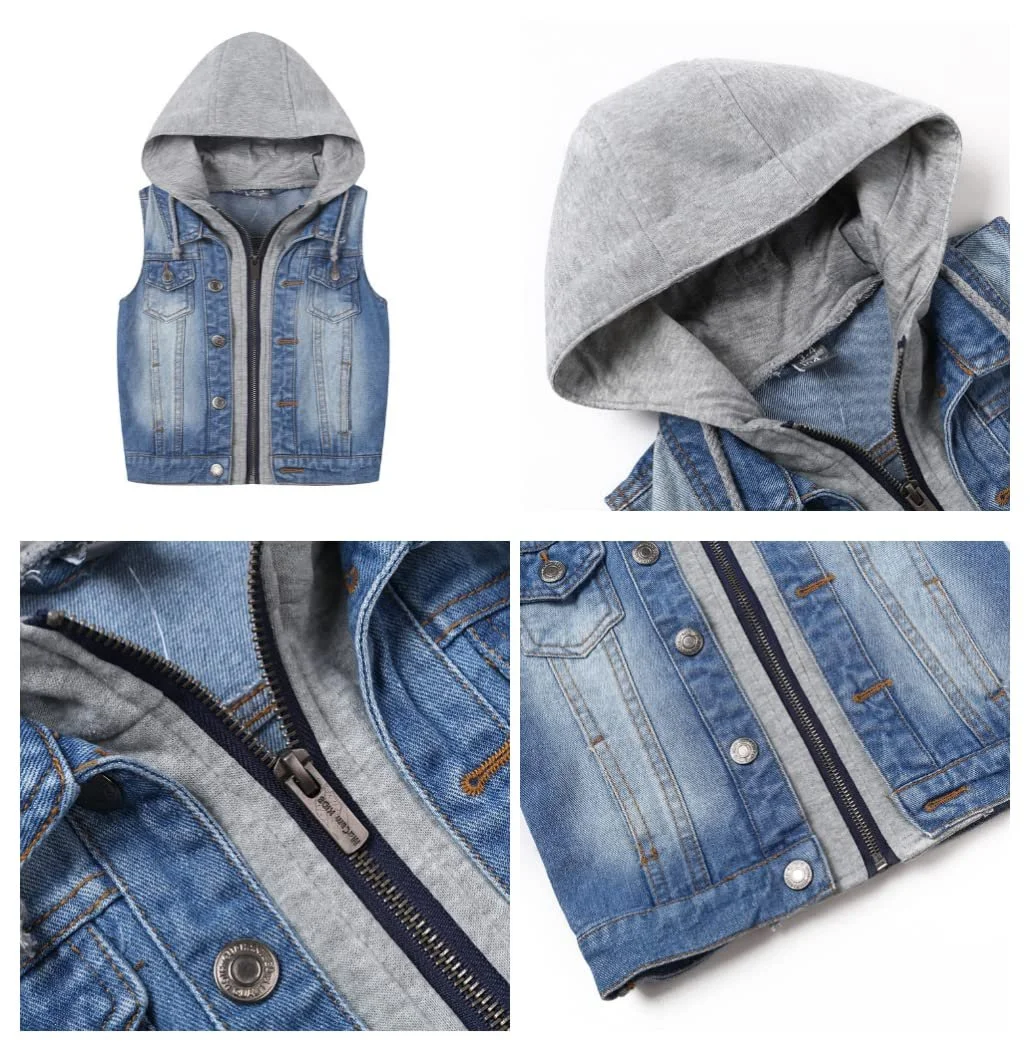Джинсовая куртка Жилет без рукавов для мальчиков с капюшоном Детская повседневная куртка для девочек Весенний осенний джинсовый топ, фото №3