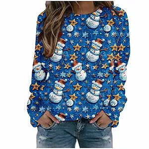 Рождественский свитер Женский Длинный рукав Круглый вырез Веселый Рождество Разноцветный С принтом Снеговик Толстовка Большой размер Мягкий свитер - Фото 1