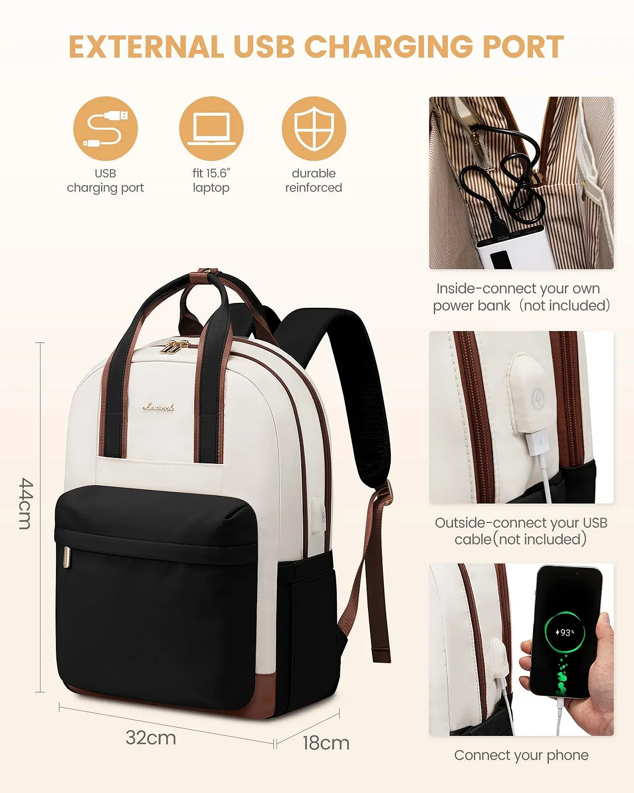Рюкзак LOVEVOOK для ноутбука 15.6 дюйма Beige-black-brown, фото №5 Рюкзак LOVEVOOK для ноутбука 15.6 дюйма Beige-black-brown, фото №5