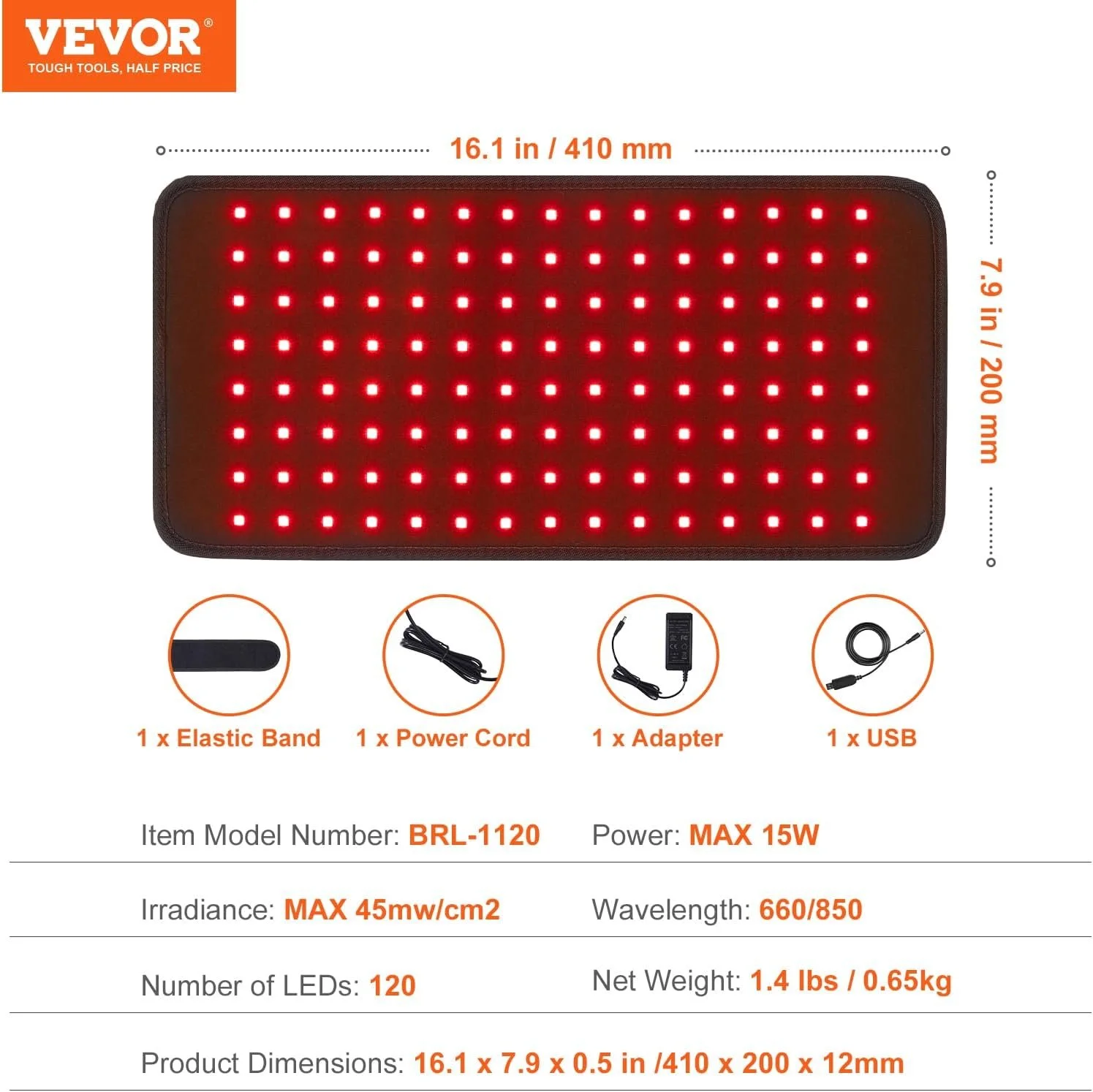 Терапевтичний килимок світлодіодний VEVOR BRL-1120 / 660нм+850нм / 120 LED / 15 Вт / Чорний, фото №4