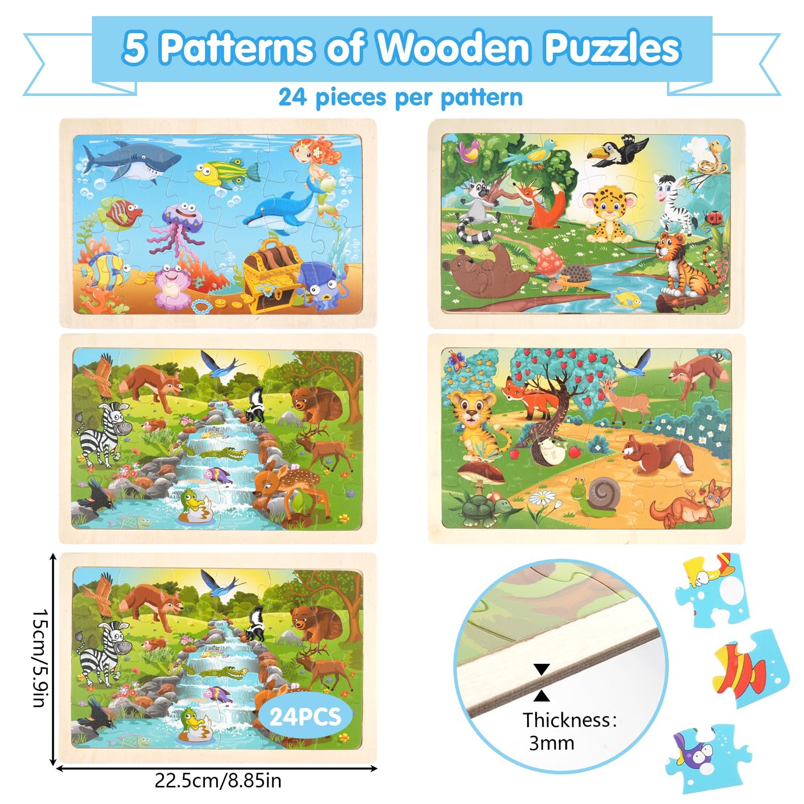 Деревянный пазл 5 × 24 элемента 5 миров животных 15 × 22,5 см, фото №2