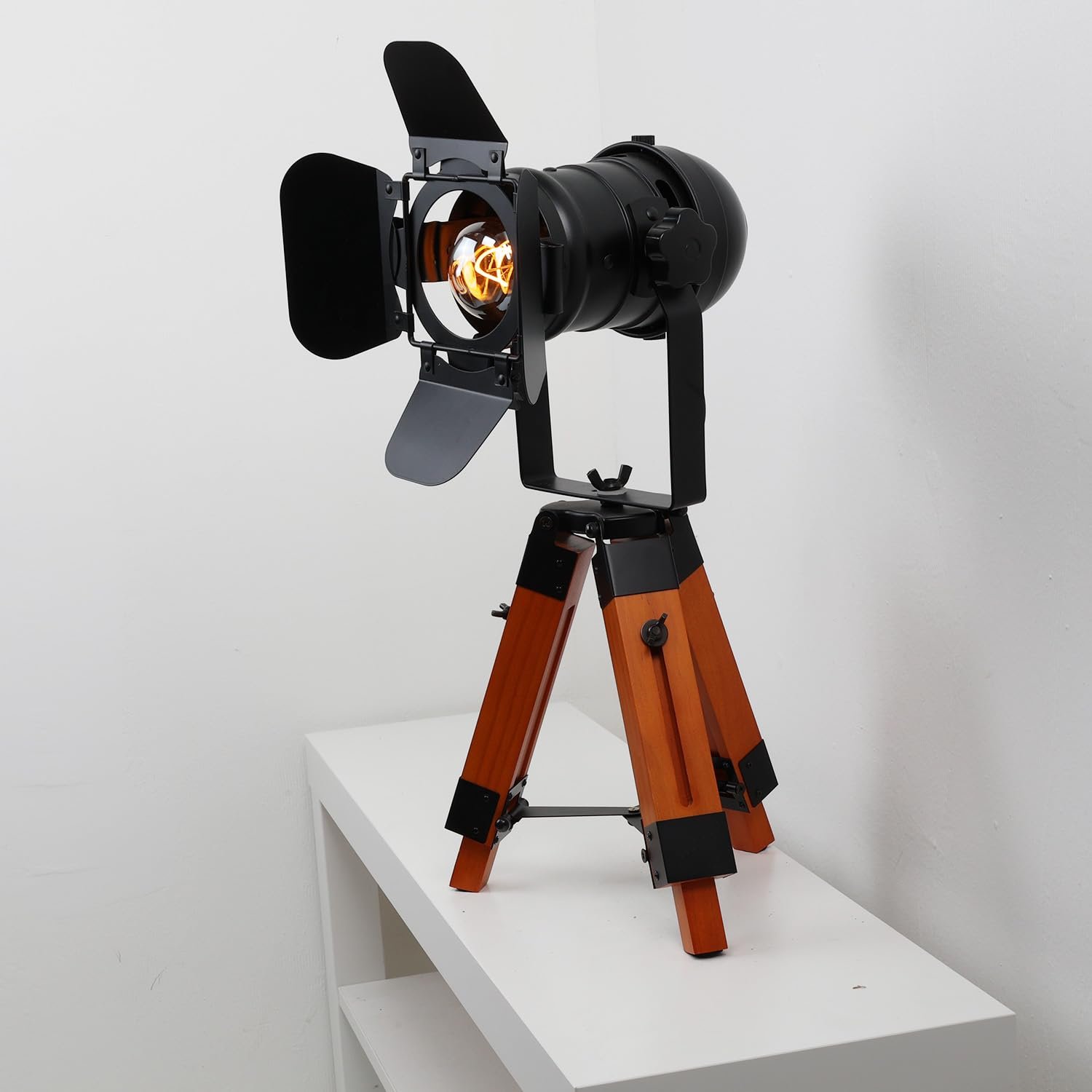 Настільна лампа Alpinaluz Vintage Industrial E27 дерев'яний штатив чорний прожектор, фото №2