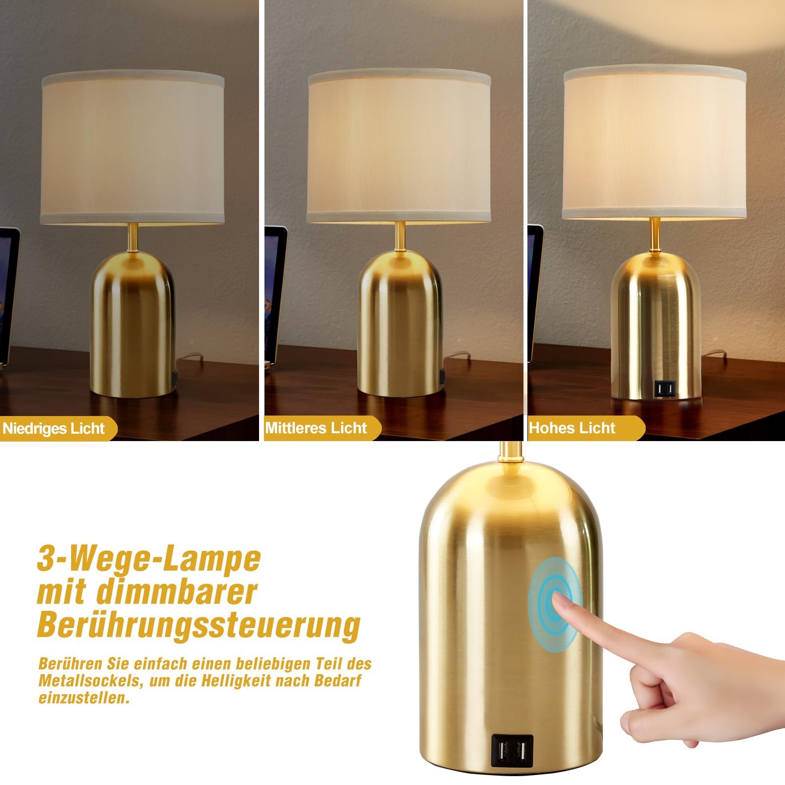 Настільна лампа GyroVu Modern Bedside Lamp з USB-портом, сенсорним керуванням та 3 рівнями яскравості, тканинний абажур золотиста основа, фото №2