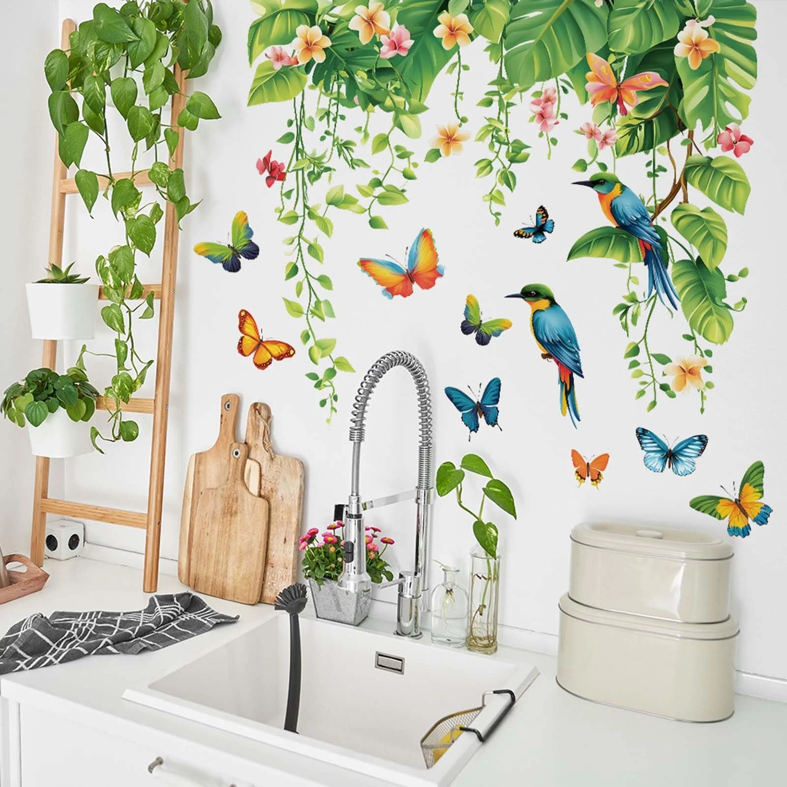 Настенная наклейка Листья и растения Зеленые тропические листья Цветы Птицы Бабочки, фото №6