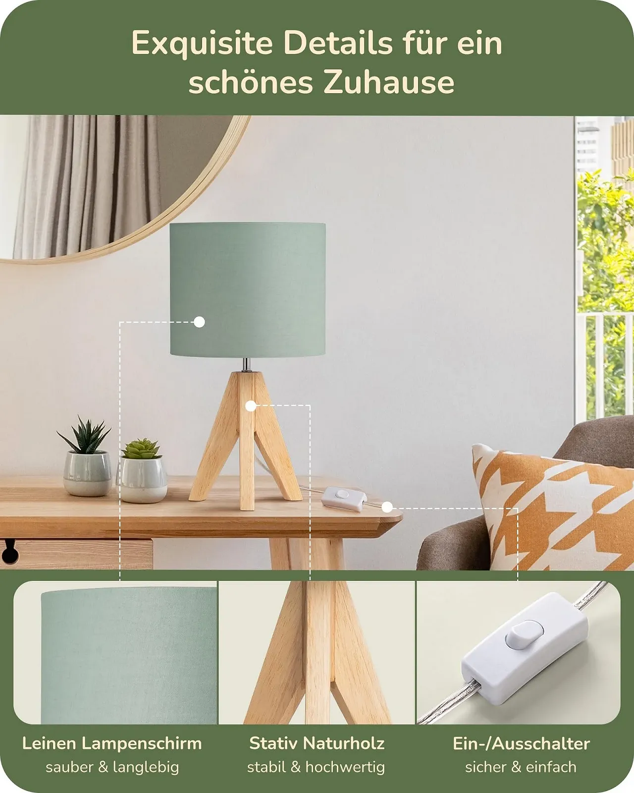 Настільна лампа EDISHINE Vintage Tripod Wooden Linen Lampshade E27 Зелена, фото №4