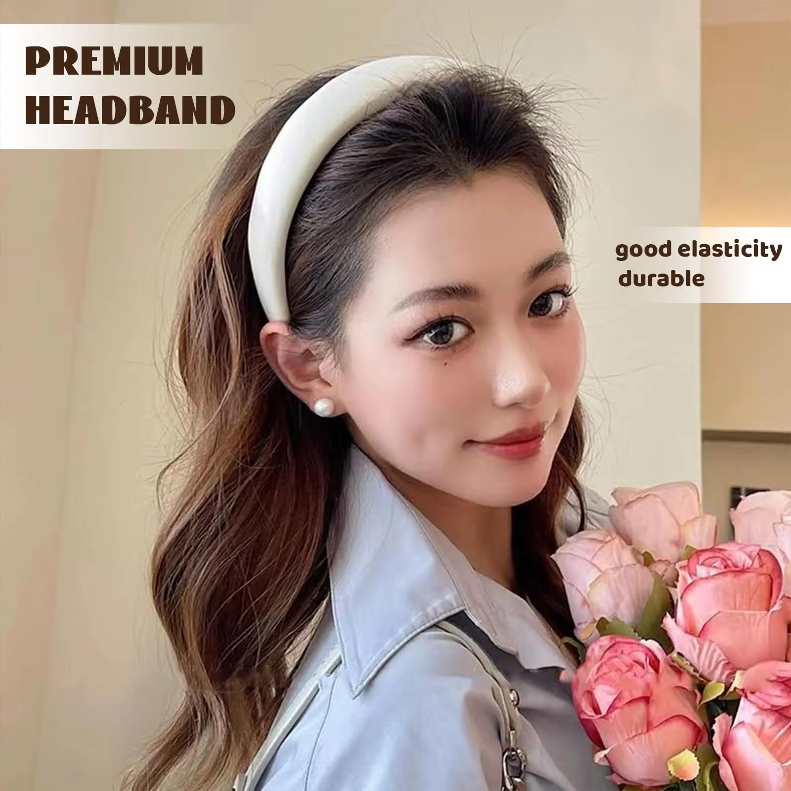 Обруч на голову Широка жіноча Dirndl, 3.2 см, однотонна, нековзка, фото №6