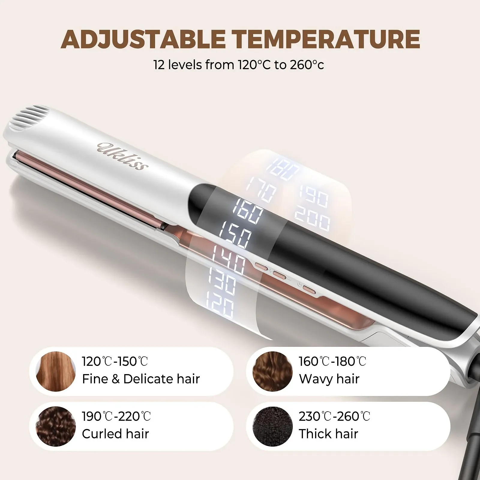 Випрямляч для волосся UKLISS Professional 2-в-1 Ceramic & Ion 120-260°C LCD-дисплей 100-240V, фото №4 Випрямляч для волосся UKLISS Professional 2-в-1 Ceramic & Ion 120-260°C LCD-дисплей 100-240V, фото №4