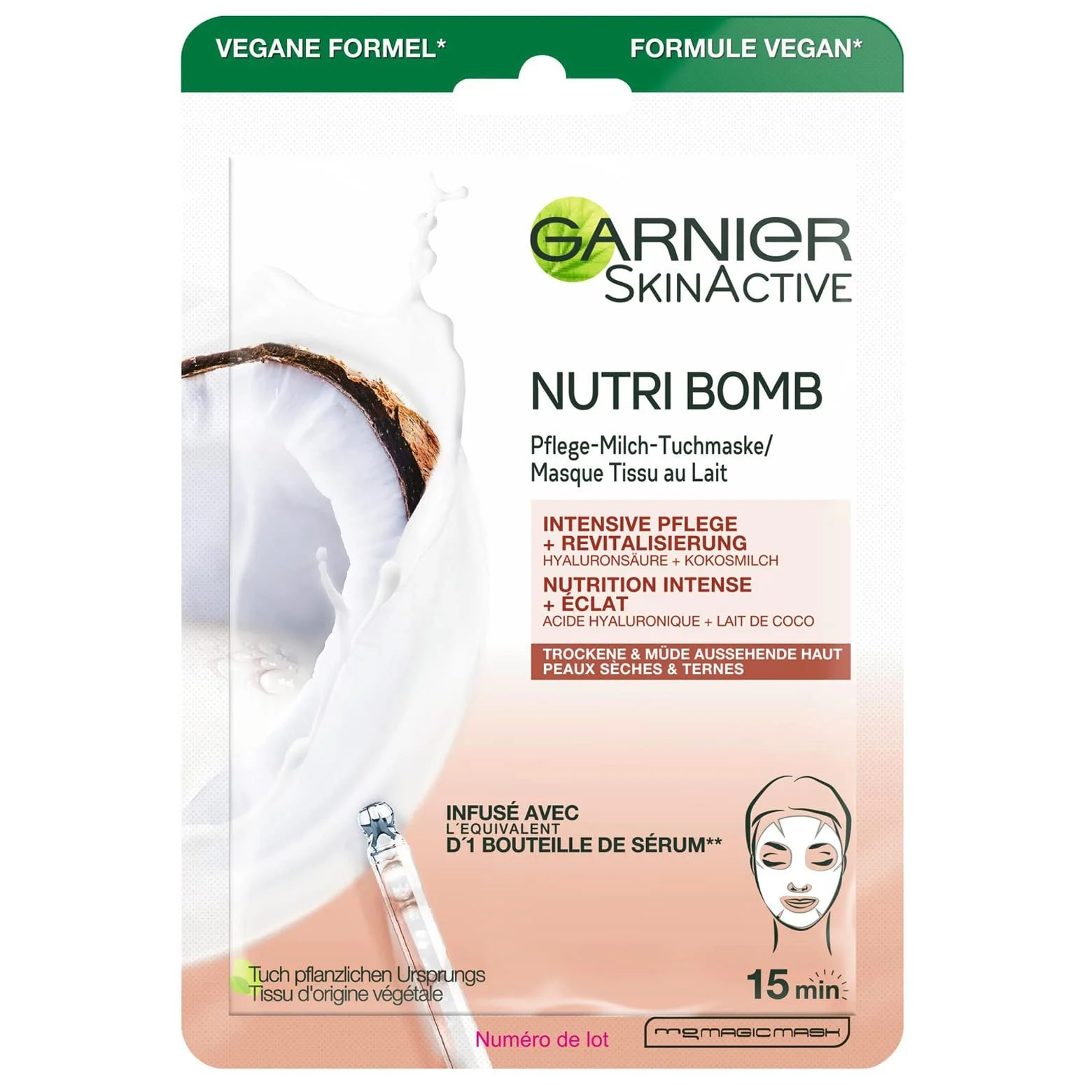 Тканинна маска Garnier Nutri Bomb для сухої та втомленої шкіри з кокосовим молоком та гіалуроновою кислотою, 28 г, фото №1