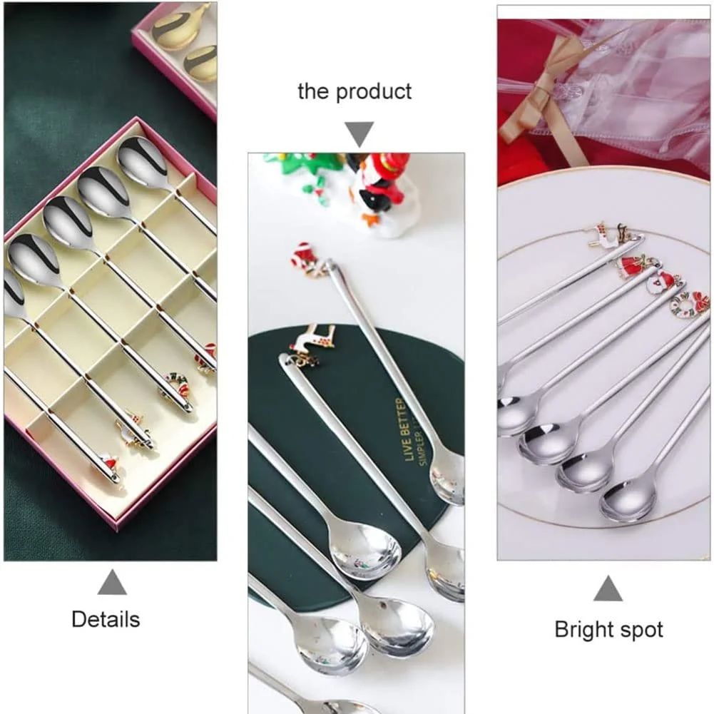 Ложки для кофе Рождественские, Набор 6 шт, Ложки для десерта, Ложки для смешивания, Чайные ложки, с Рождественским кулоном, Елка, Шляпа лося, Колокольчики для чая, Упаковка в подарочной коробке Серебряный, фото №5