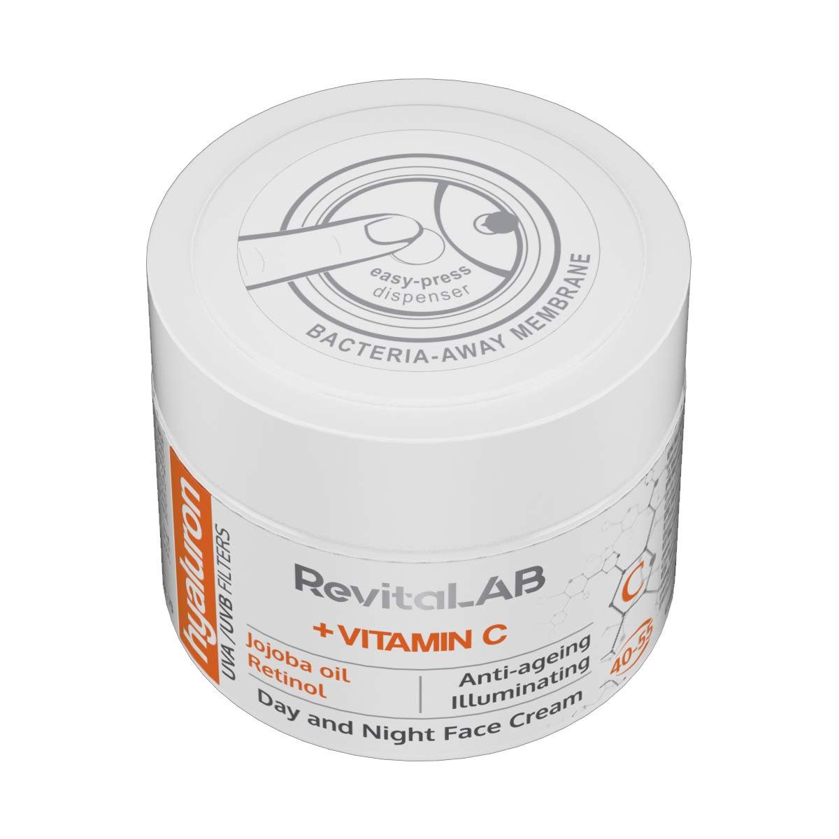 Денний та нічний крем RevitaLAB Hyaluronic Anti-Ageing з вітаміном C, олією жожоба та UV-фільтрами 40-55 років 50 мл, фото №8
