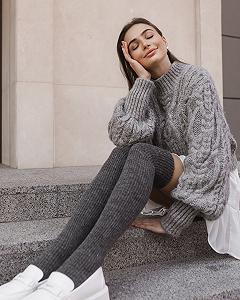 Серые зимние чулки выше колена из мериносовой шерсти для девушки - Фото 1